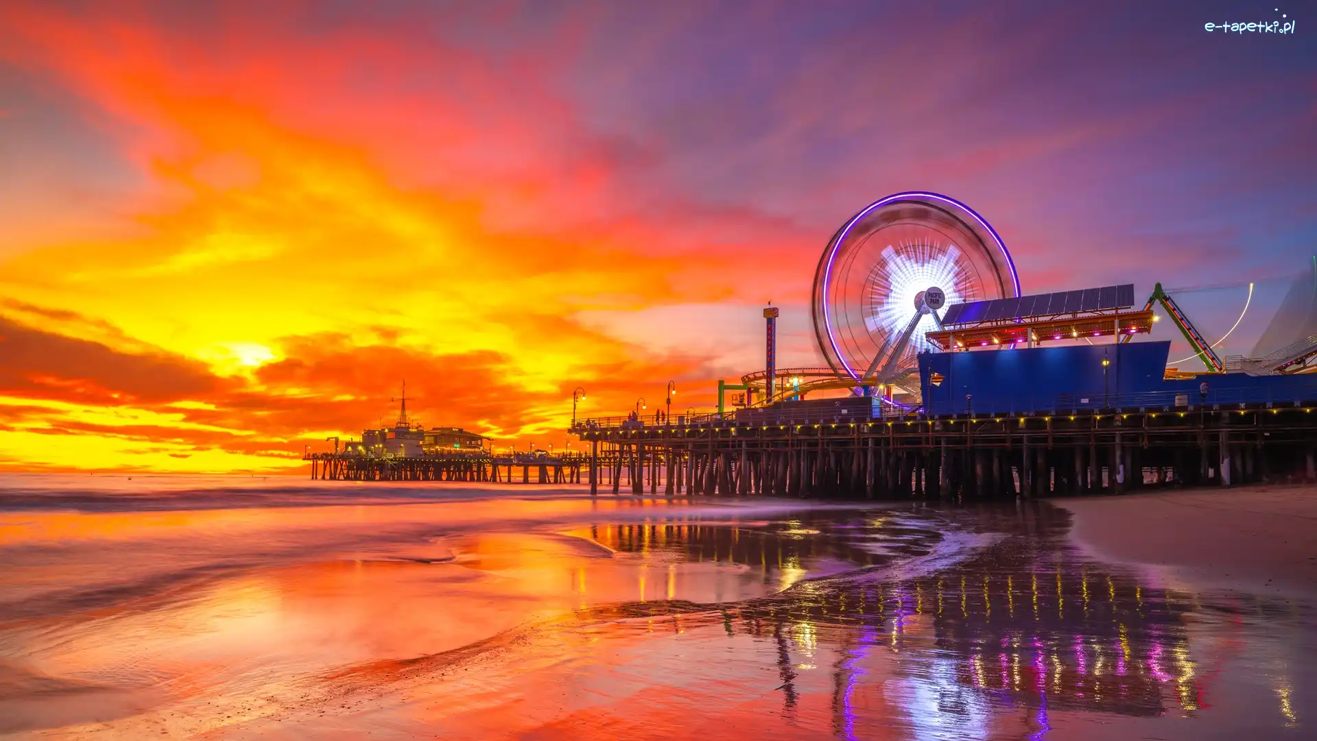 Zachód słońca, Santa Monica, Pacific Park, Kalifornia, Stany Zjednoczone, Molo, Morze