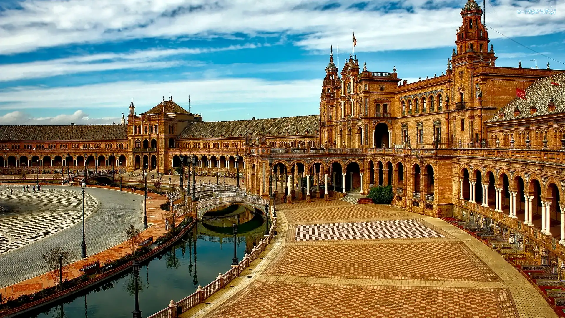 Budynek, Pawilon, Fosa, Plac Hiszpański, Park Marii Luizy, Hiszpania, Andaluzja, Most, Sewilla