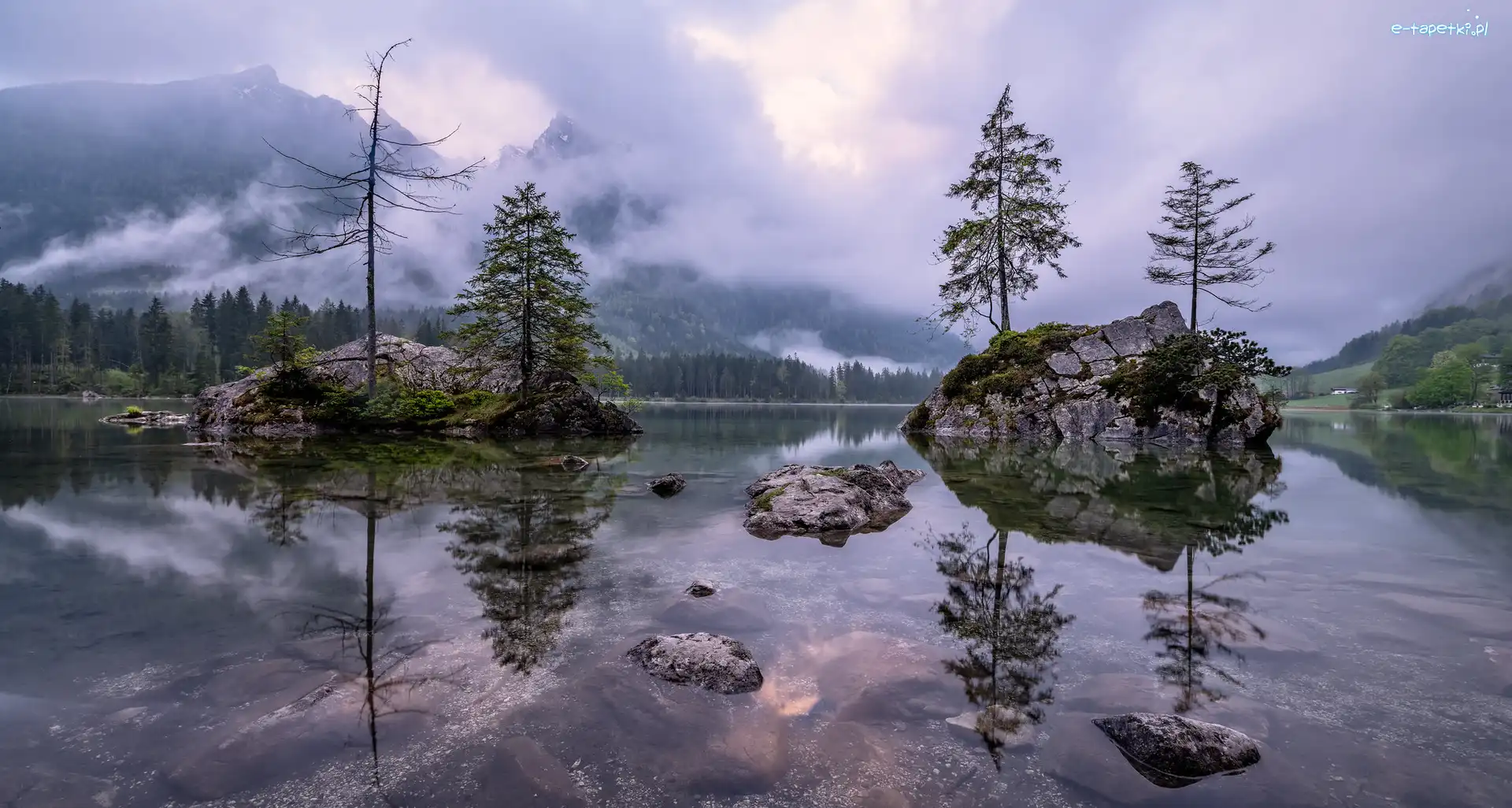 Góry, Jezioro Hintersee, Alpy, Wysepki, Niemcy, Drzewa, Kamienie, Bawaria, Skały, Mgła, Berchtesgaden
