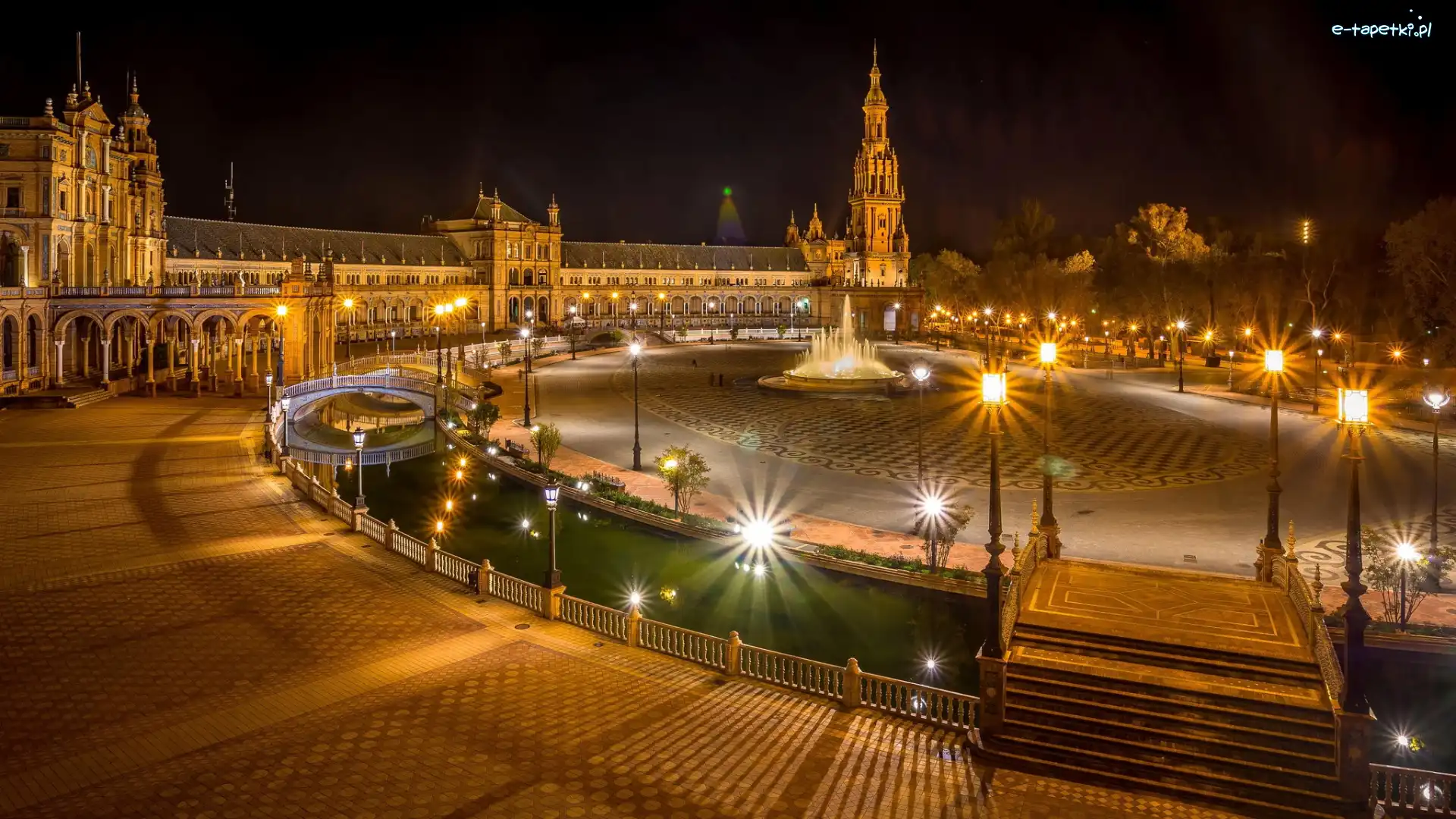 Park Marii Luizy, Pawilon, Hiszpania, Noc, Fontanna, Mosty, Oświetlenie, Plac Hiszpański, Budynek, Sewilla