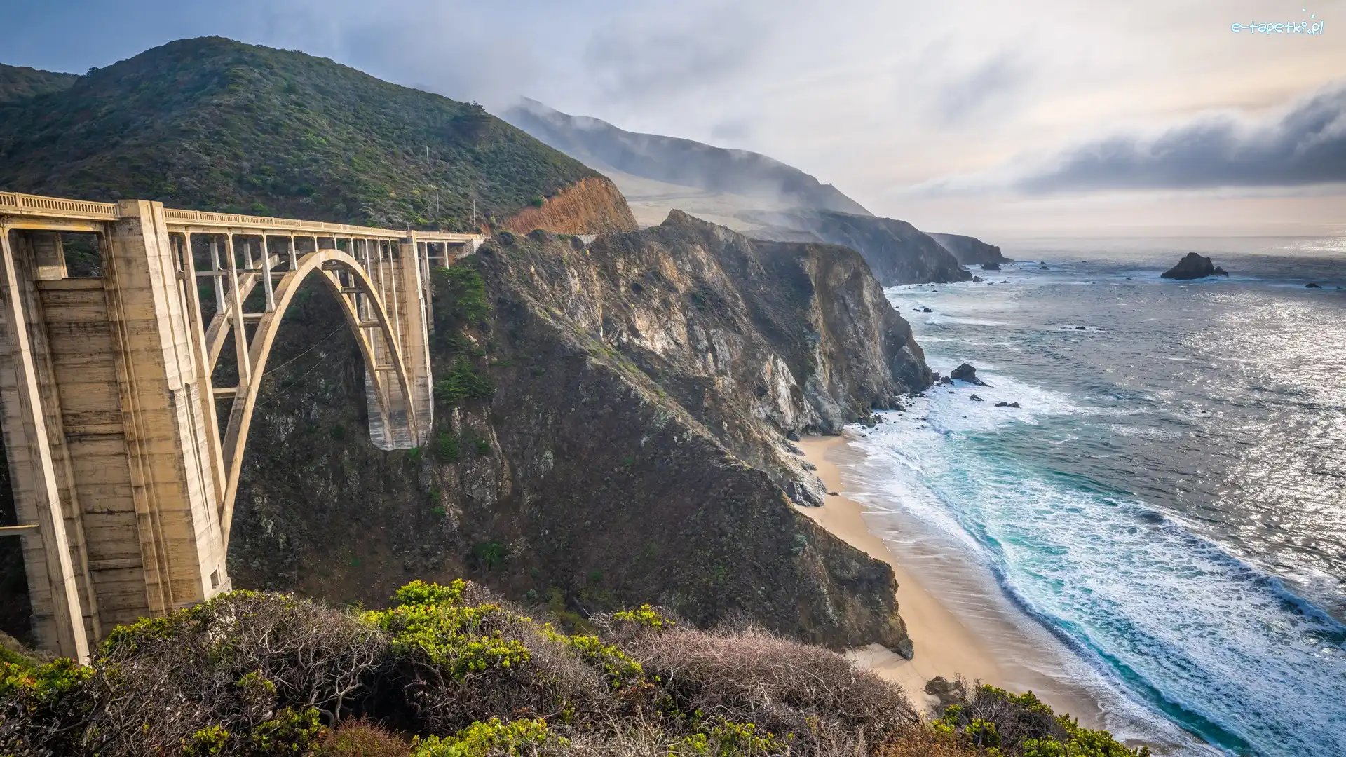 Stany Zjednoczone, Most Bixby Creek Bridge, Wybrzeże, Morze, Góry, Kalifornia, Region Big Sur