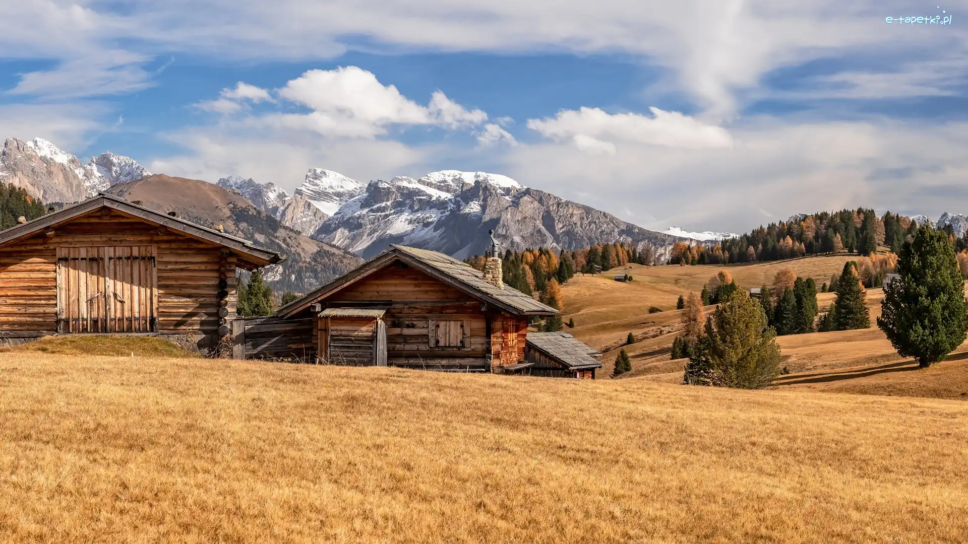 Drzewa, Dolina Val Gardena, Włochy, Domki, Dolomity, Wzgórza, Drewniane, Płaskowyż Seiser Alm, Góry Sassolungo, Chmury