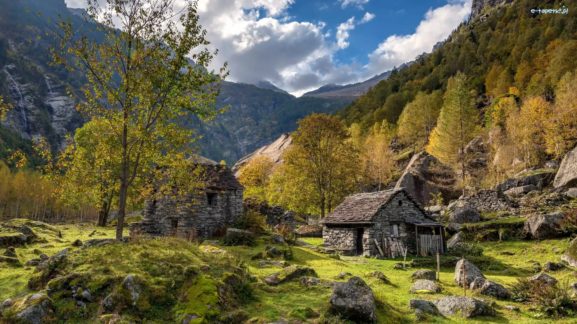 Dolina, Kamienie, Kamienne, Drzewa, Góry, Szwajcaria, Kanton Tessyn, Domy, Valle Maggia