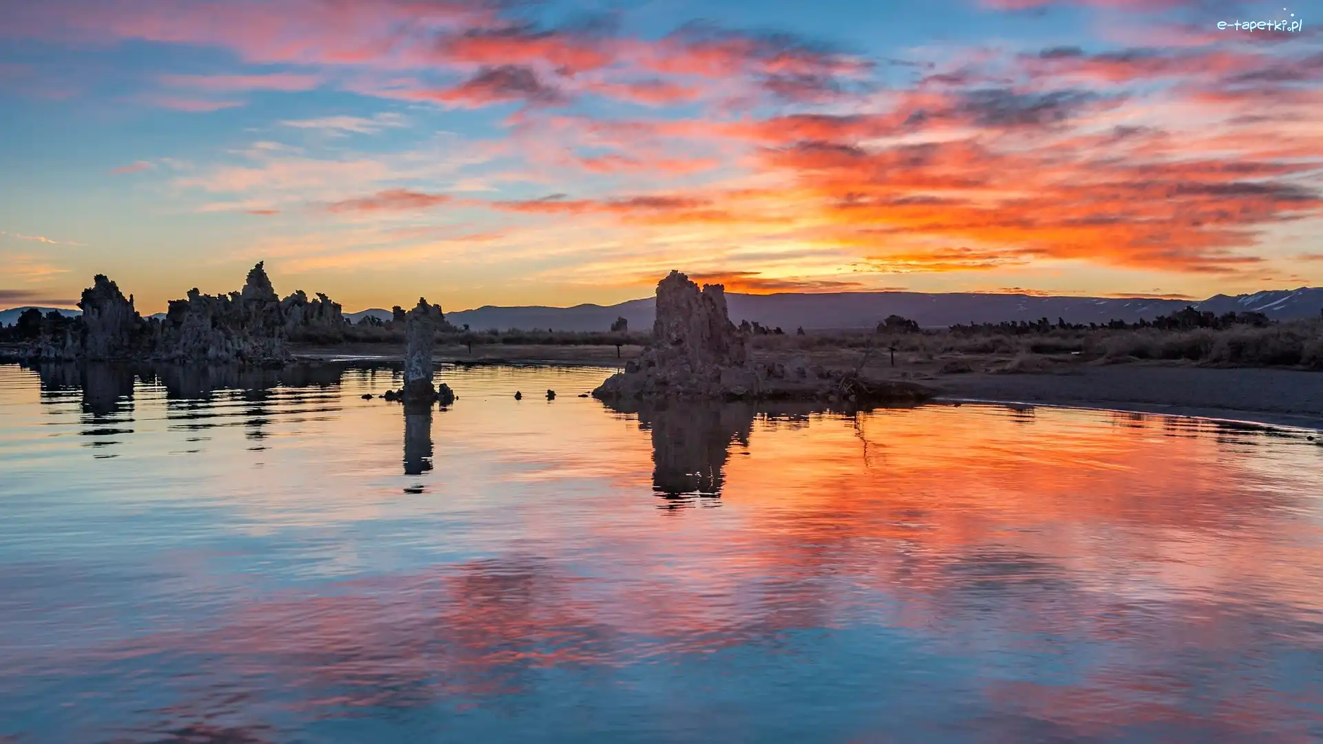 Stany Zjednoczone, Skały, Wschód słońca, Mono Lake, Jezioro, Kalifornia, Lee Vining