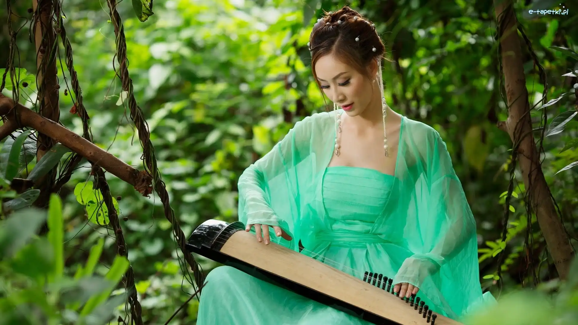 Instrument, Sukienka, Azjatka, Koto, Zielona, Kobieta