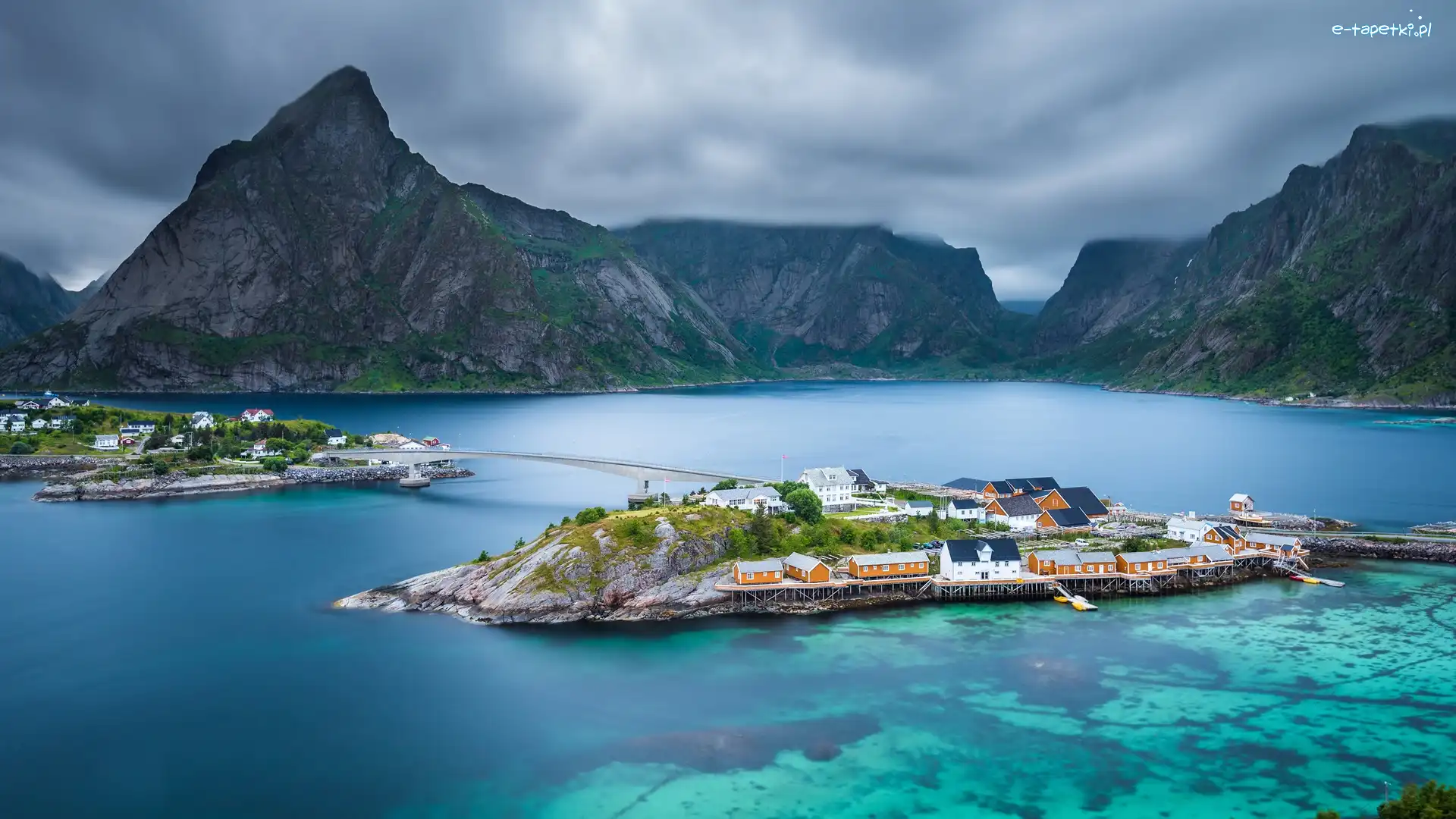 Most, Góry, Norwegia, Lofoty, Domy, Chmury, Wioska Hamnoy, Morze