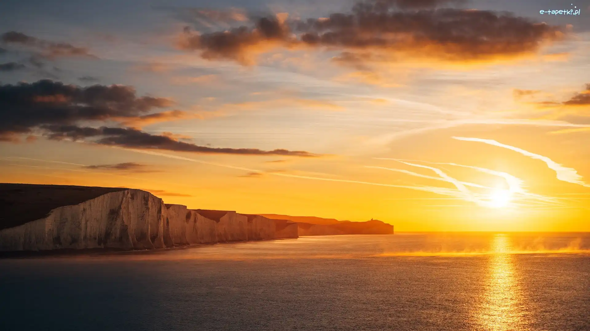 La Manche, Kanał, Seven Sisters, Klif, Morze, Anglia, Hrabstwo East Sussex, Siedem sióstr, Zachód słońca
