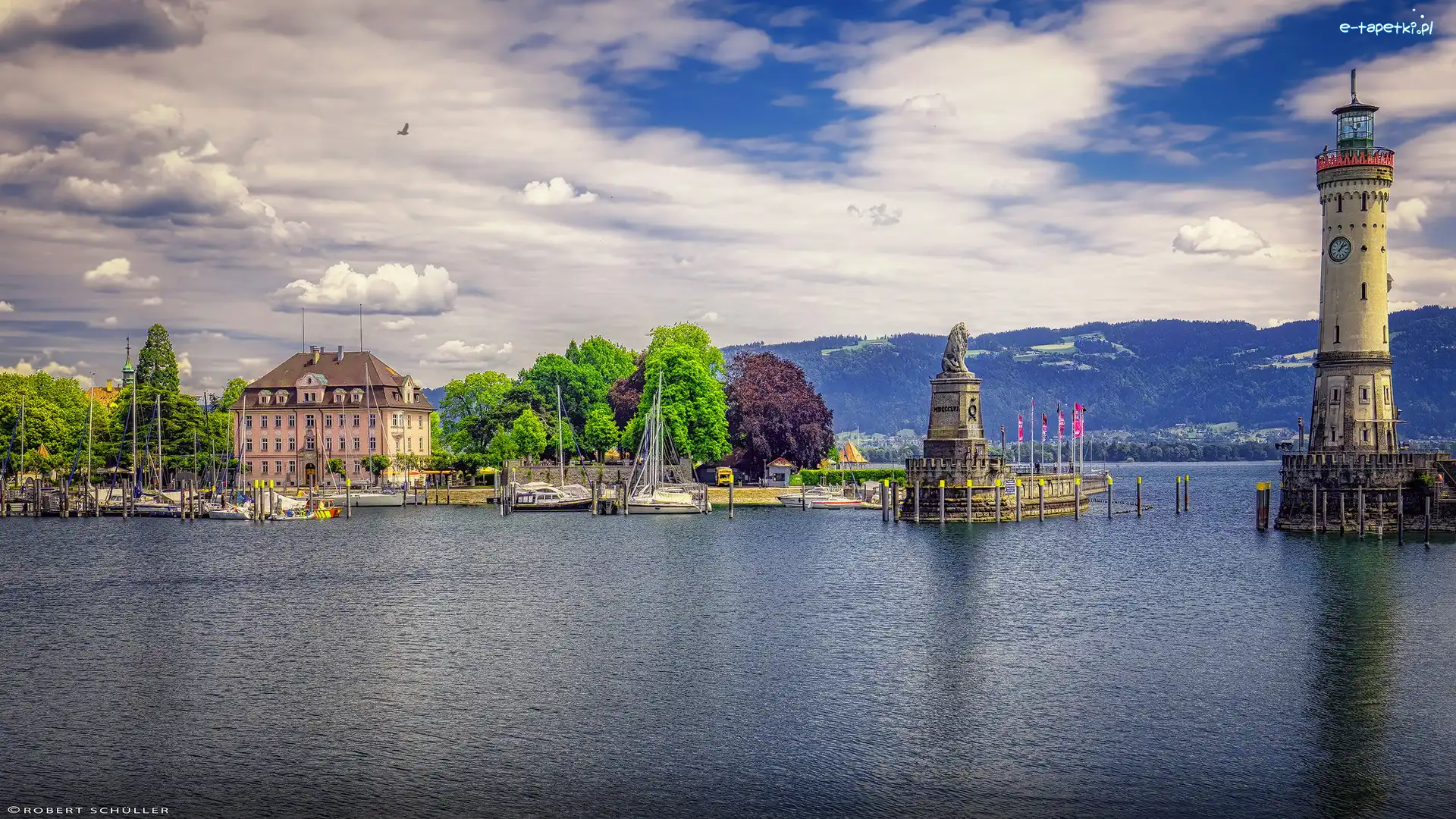 New Lighthouse, Latarnia morska, Żaglówki, Dom, Jezioro Bodeńskie, Niemcy, Bawaria, Drzewa, Lindau
