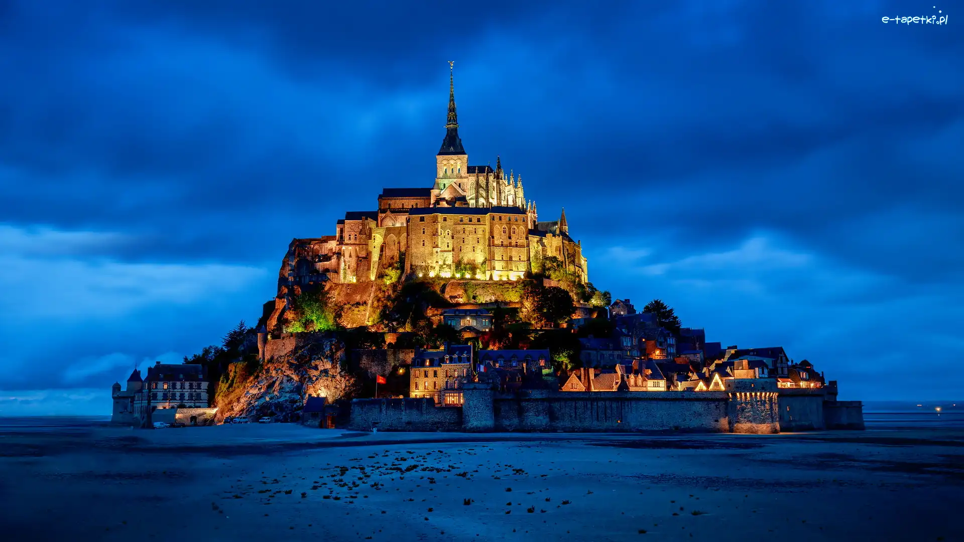 Francja, Oświetlone, Opactwo św Michała Archanioła, Mont Saint-Michel, Wyspa, Normandia, Wieczór