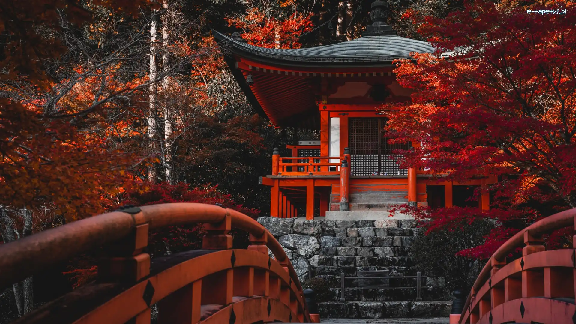 Bentendo Temple, Kioto, Mostek, Drzewa, Świątynia, Kompleks Daigo-ji, Jesień, Japonia