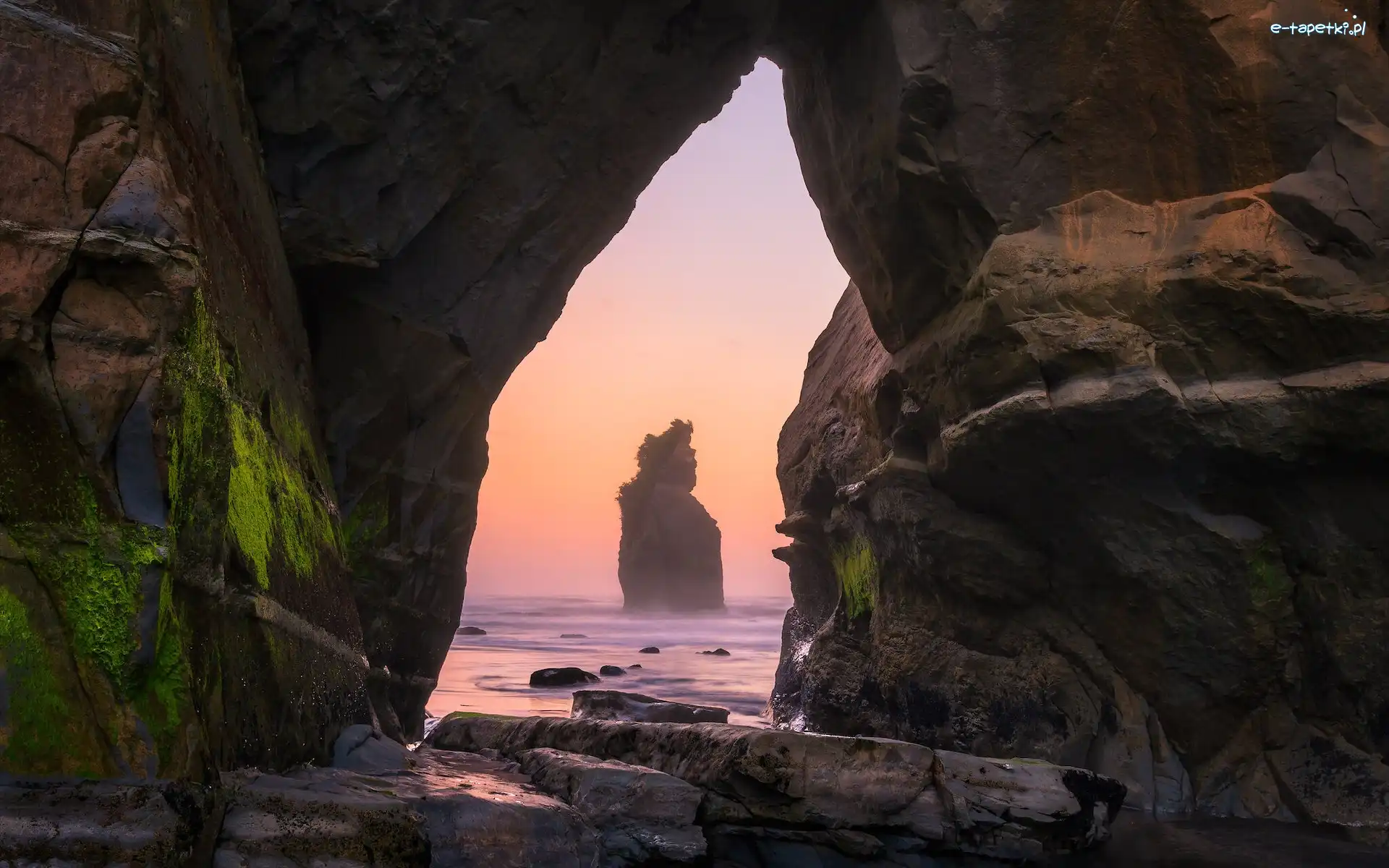 Nowa Zelandia, Skały, Skała Elephant Rock, Morze, Wschód słońca, Dystrykt Taranaki, Okno skalne