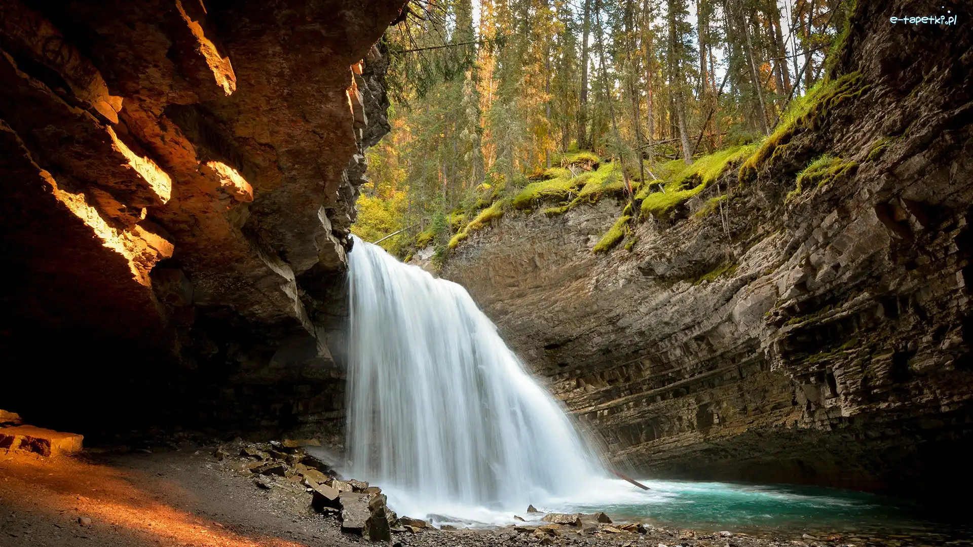 Wodospad, Johnston Creek, Park Narodowy Banff, Alberta, Kanada, Las, Skała, Rzeka, Upper and Lower Falls