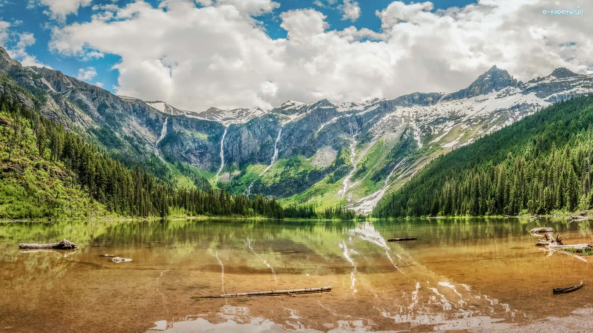Avalanche Lake, Góry, Stany Zjednoczone, Stan Montana, Jezioro, Drzewa, Chmury, Park Narodowy Glacier