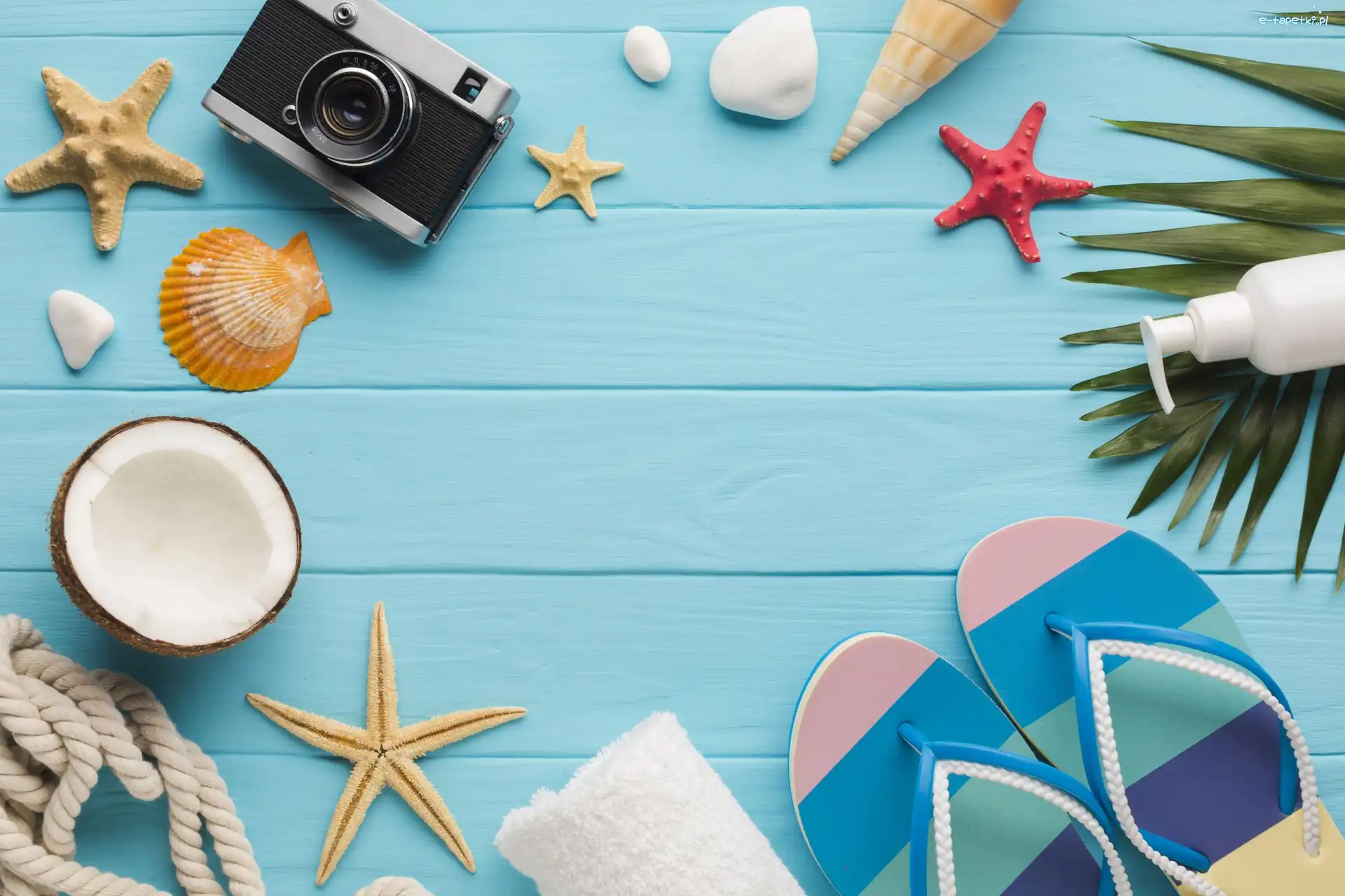 Liść, Kokos, Muszelki, Klapki, Ręcznik, Wakacje, Ręcznik, Rozgwiazdy, Aparat fotograficzny
