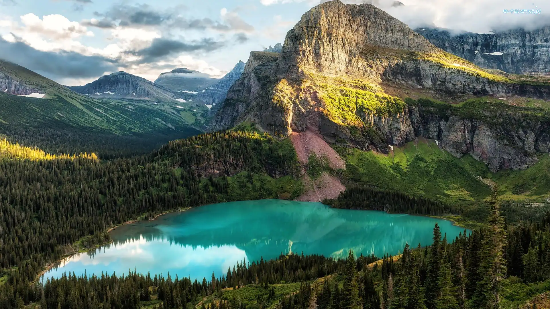 Montana, Drzewa, Park Narodowy Glacier, Stany Zjednoczone, Jezioro Grinnell Lake, Góry