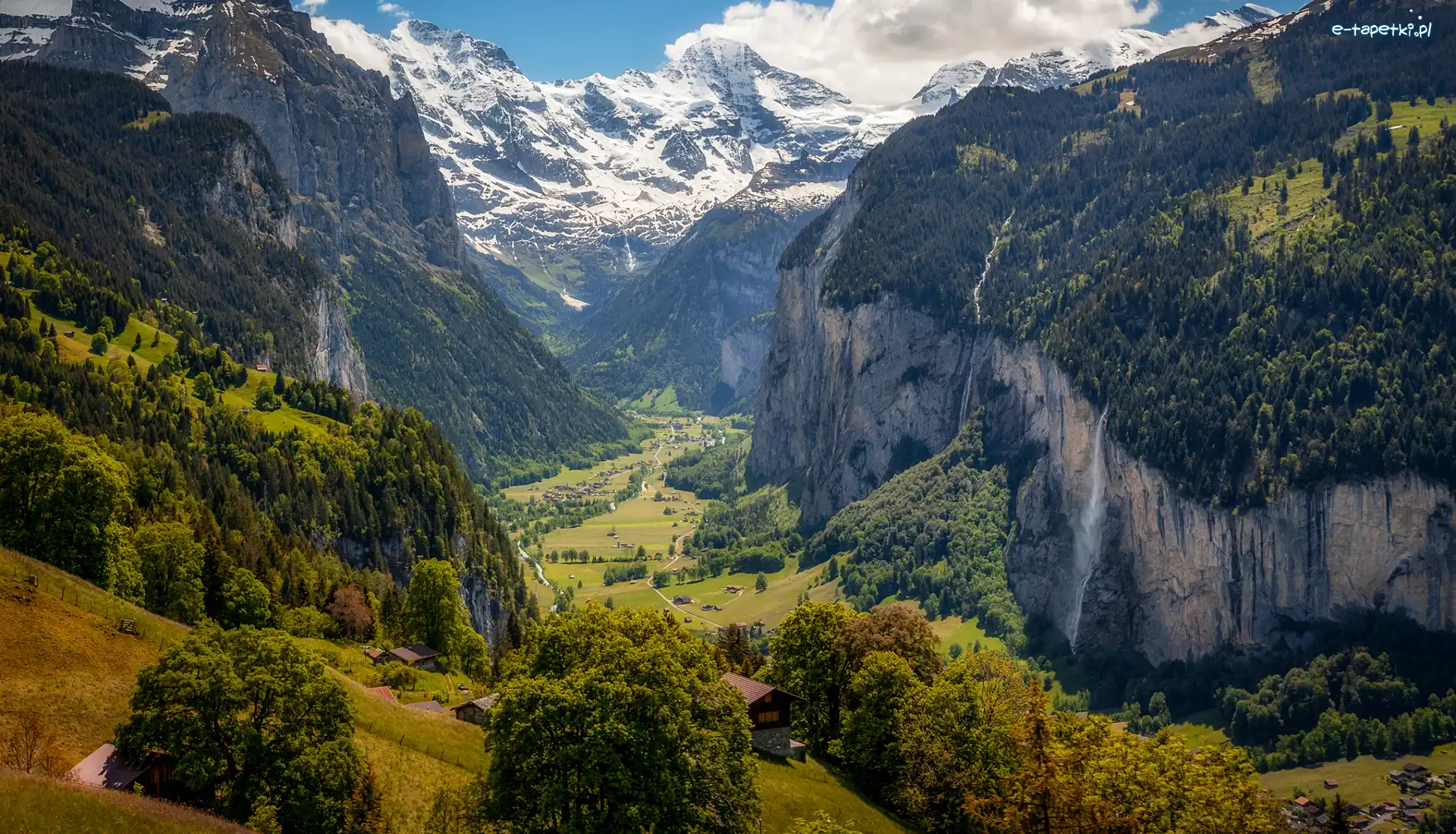 Drzewa, Dolina Lauterbrunnen, Góry, Wengen, Gmina Lauterbrunnen, Szwajcaria, Domy, Alpy Berneńskie, Lasy