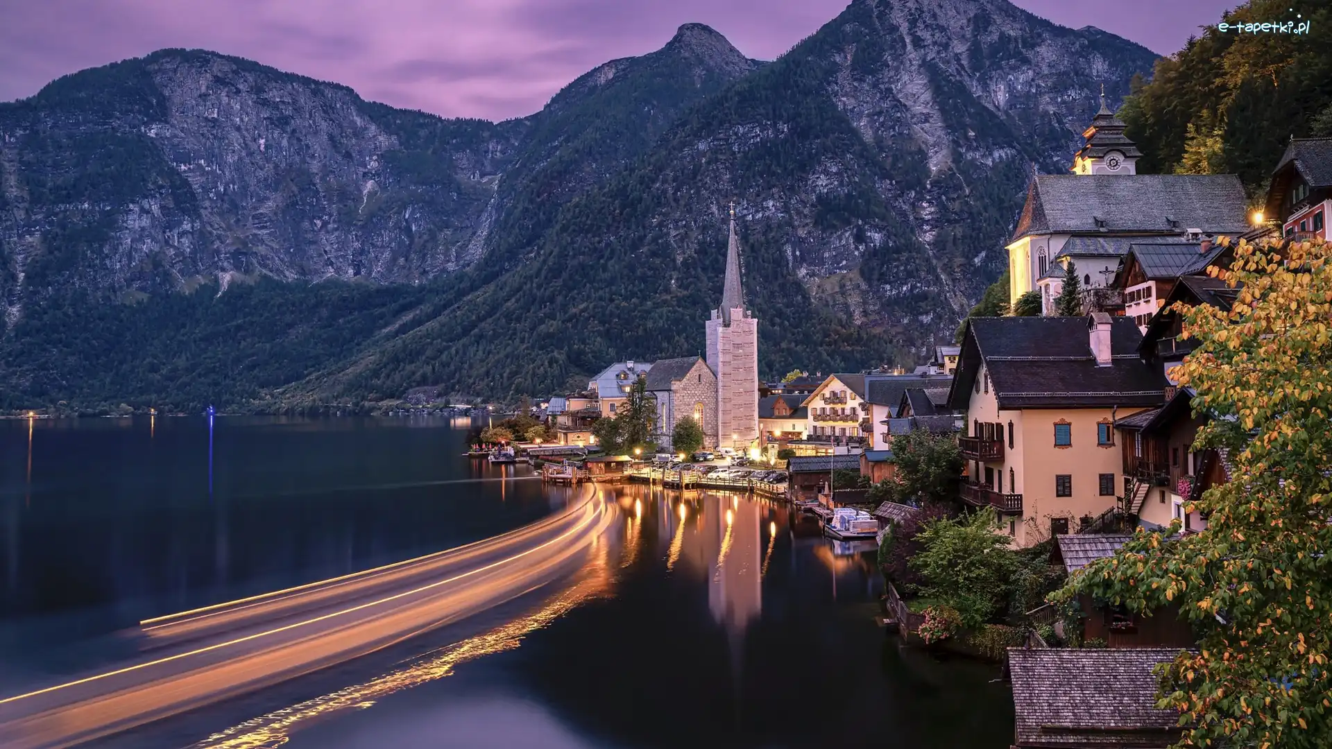 Światła, Góry, Alpy Salzburskie, Hallstatt, Austria, Domy, Jezioro Hallstattersee