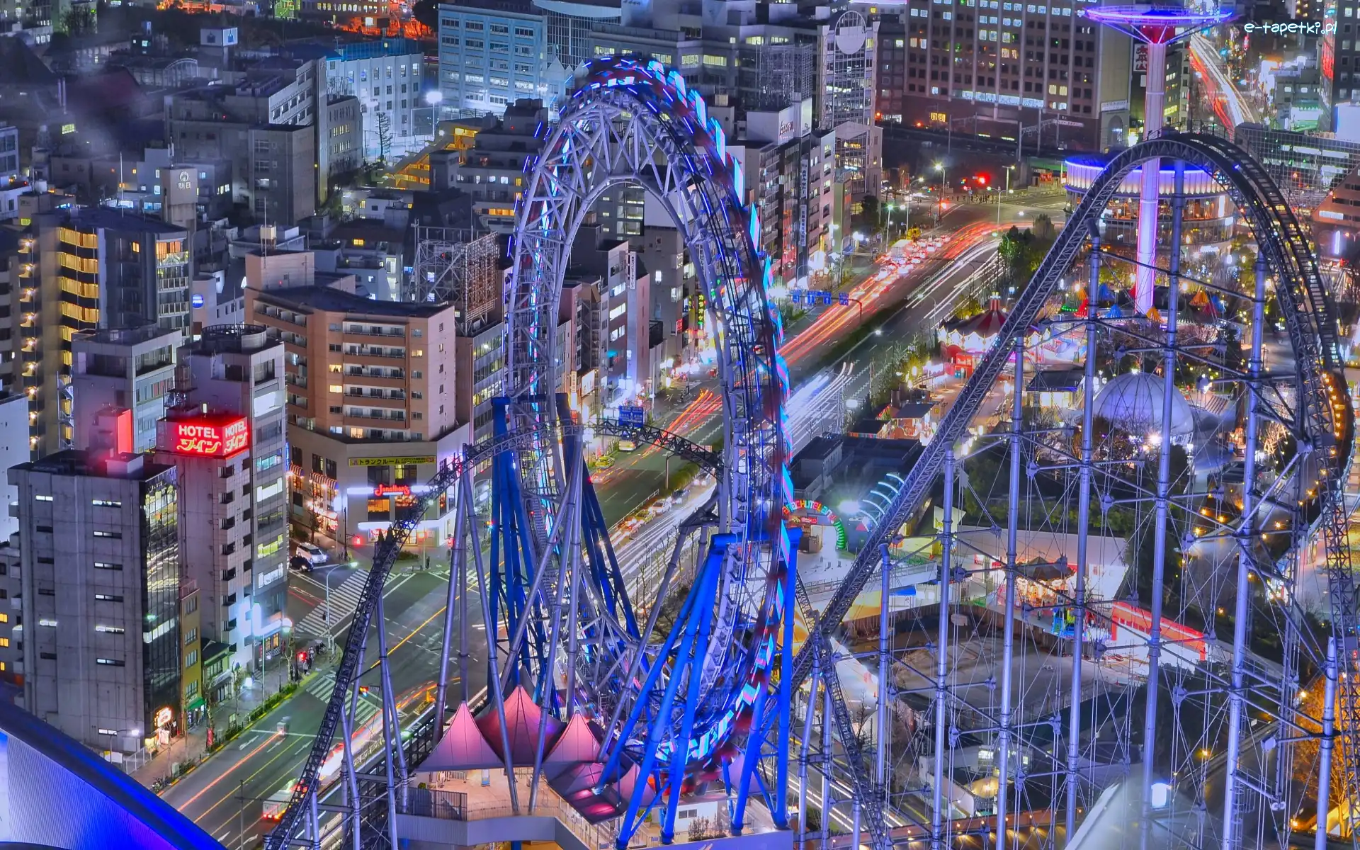 Tokio, Park rozrywki, Tokyo Dome City, Japonia, Ulica, Domy