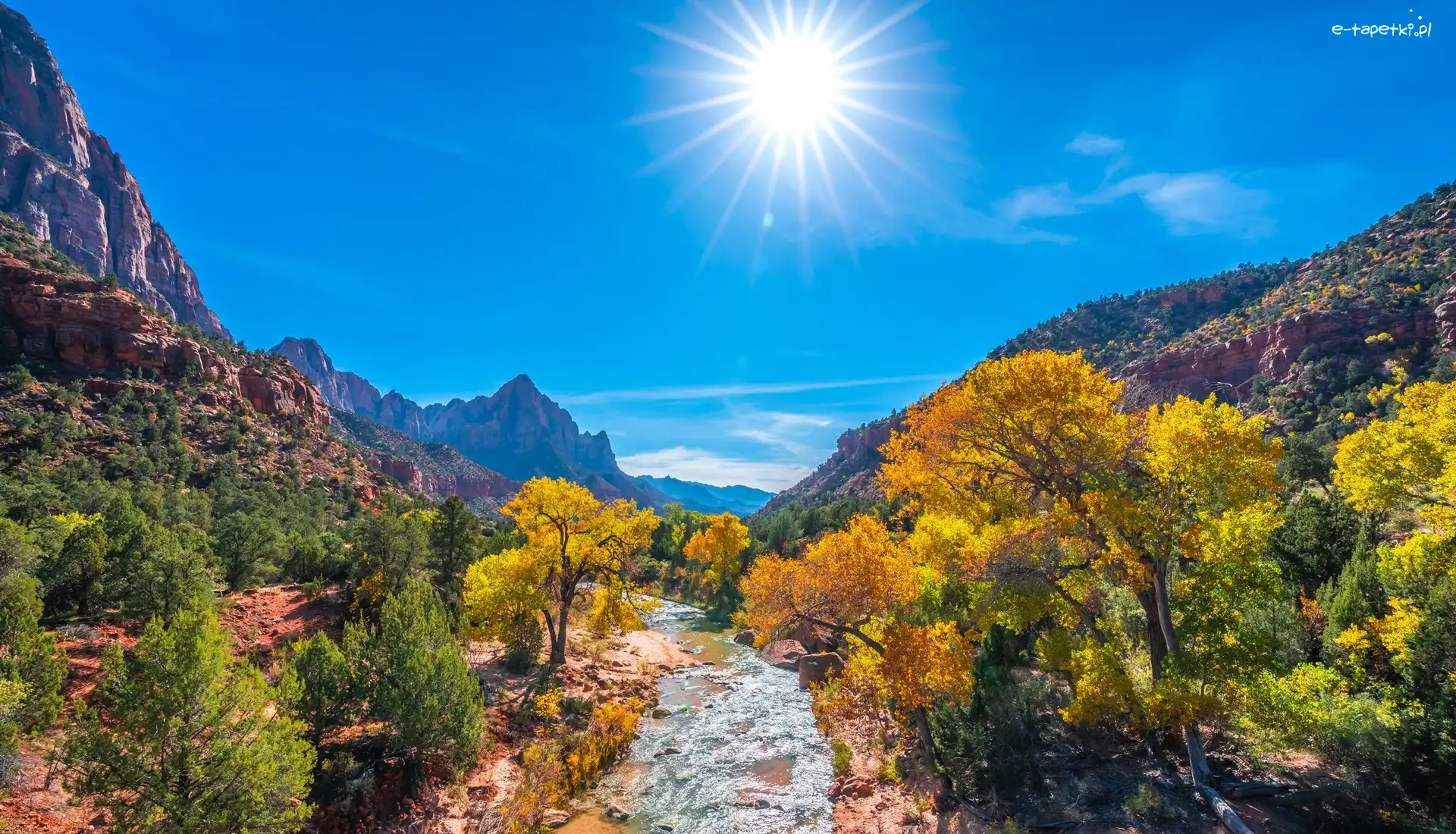 Góry Watchman, Stan Utah, Promienie słońca, Drzewa, Park Narodowy Zion, Rzeka Virgin River, Kamienie, Stany Zjednoczone
