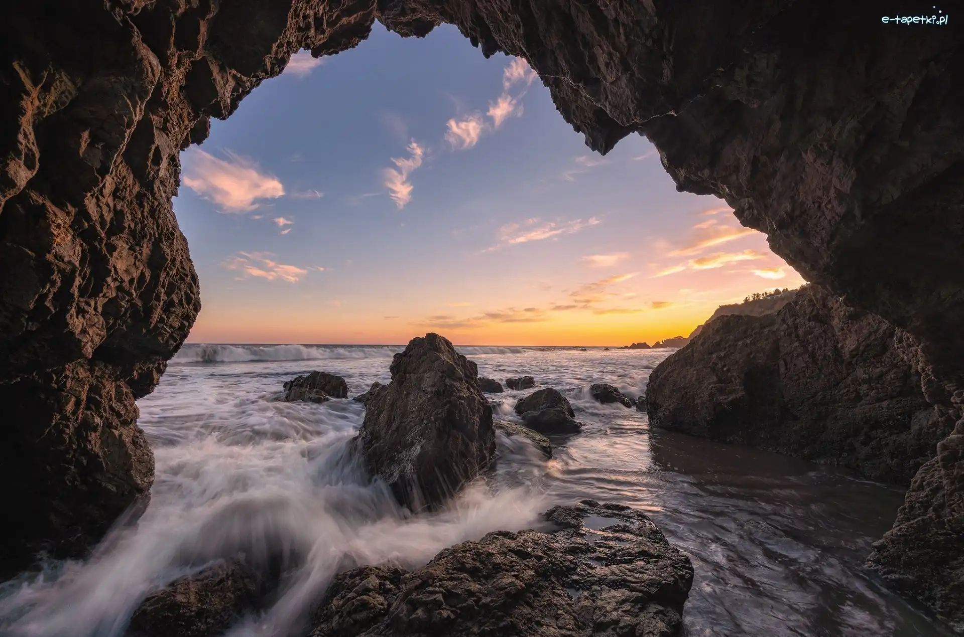 Jaskinia, Kalifornia, Zachód słońca, Morze, Malibu, Skały, Plaża El Matador Beach, Stany Zjednoczone
