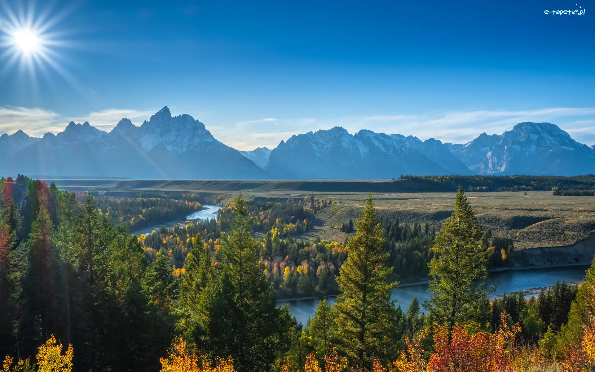 Rzeka, Park Narodowy Grand Teton, Snake River, Teton Range, Stany Zjednoczone, Las, Chmury, Stan Wyoming, Drzewa, Góry, Promienie słońca