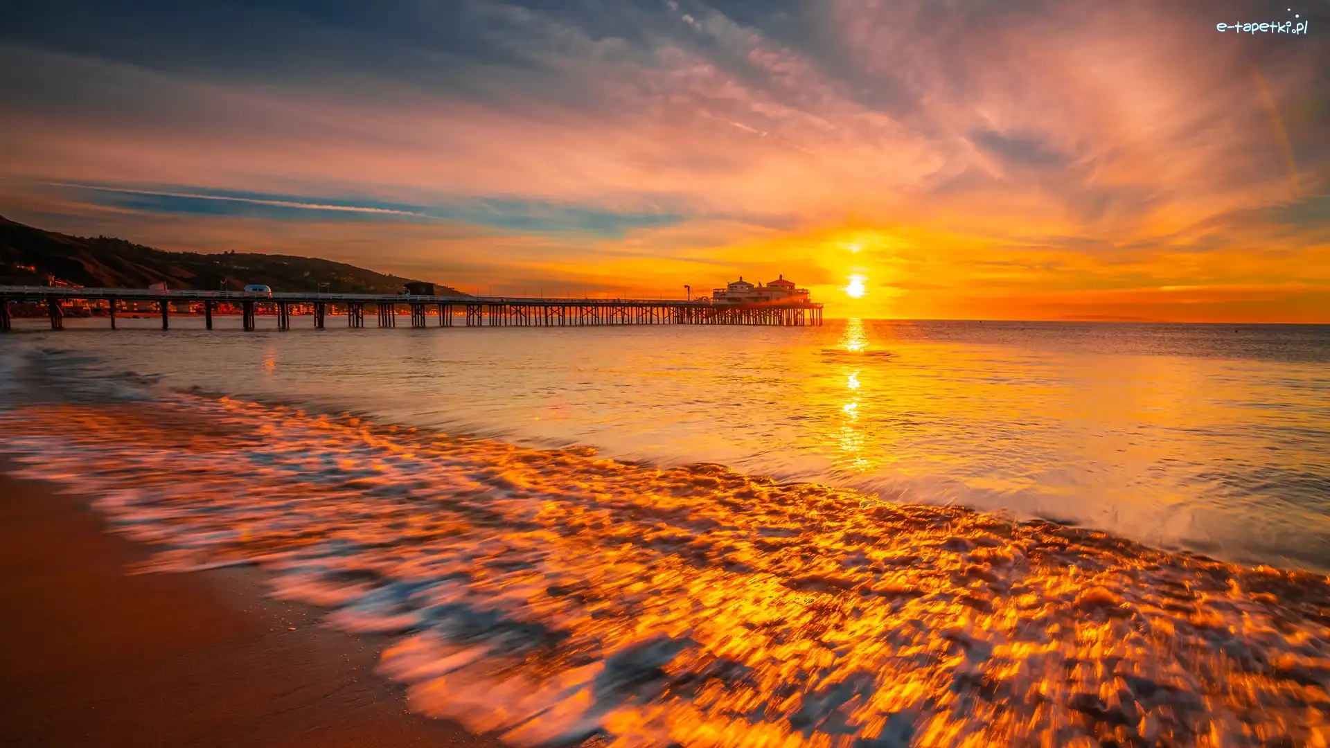 Stany Zjednoczone, Molo, Zachód słońca, Plaża, Morze, Kalifornia, Malibu