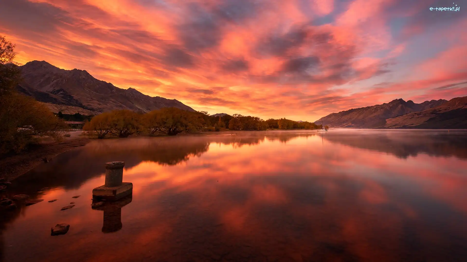 Odbicie, Jezioro, Nowa Zelandia, Wyspa Południowa, Wakatipu, Glenorchy, Queenstown, Zachód słońca