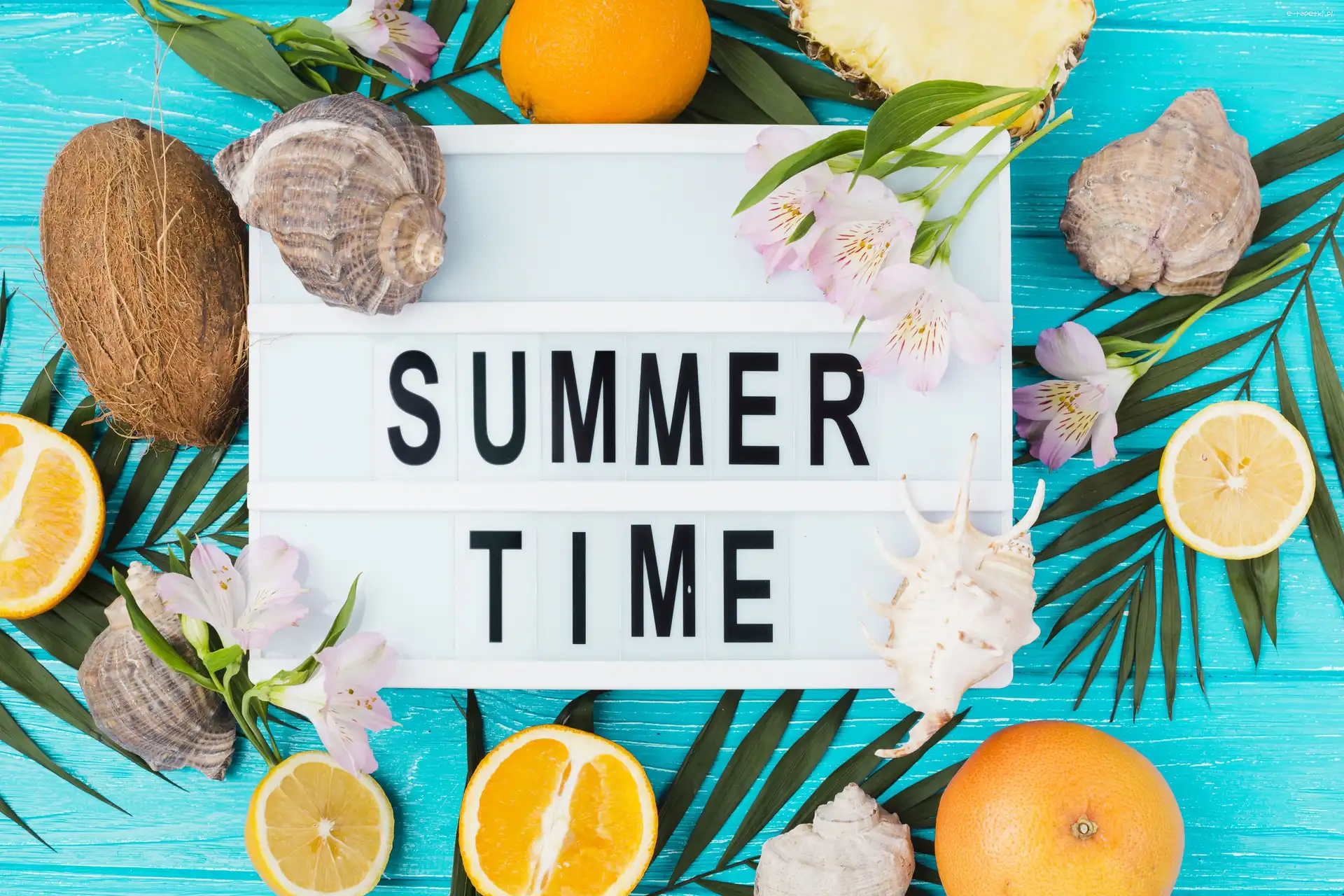 Kwiaty, Owoce, Alstremerie, Liście, Kompozycja, Kokos, Summer Time, Wakacje, Napis, Pomarańcze, Muszelki