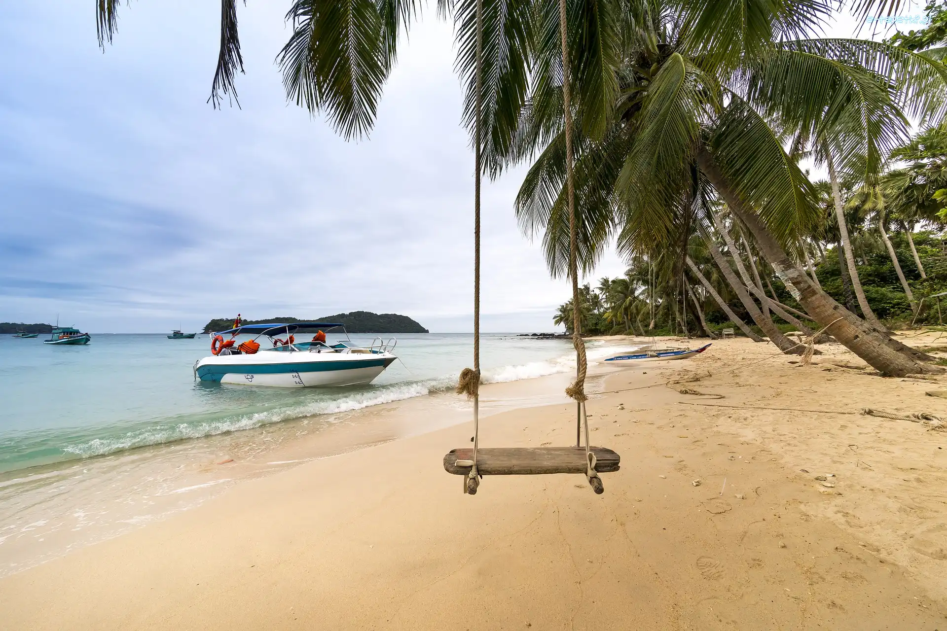 Wietnam, Palmy, Huśtawka, Plaża, Morze, Phu Quoc, Motorówka