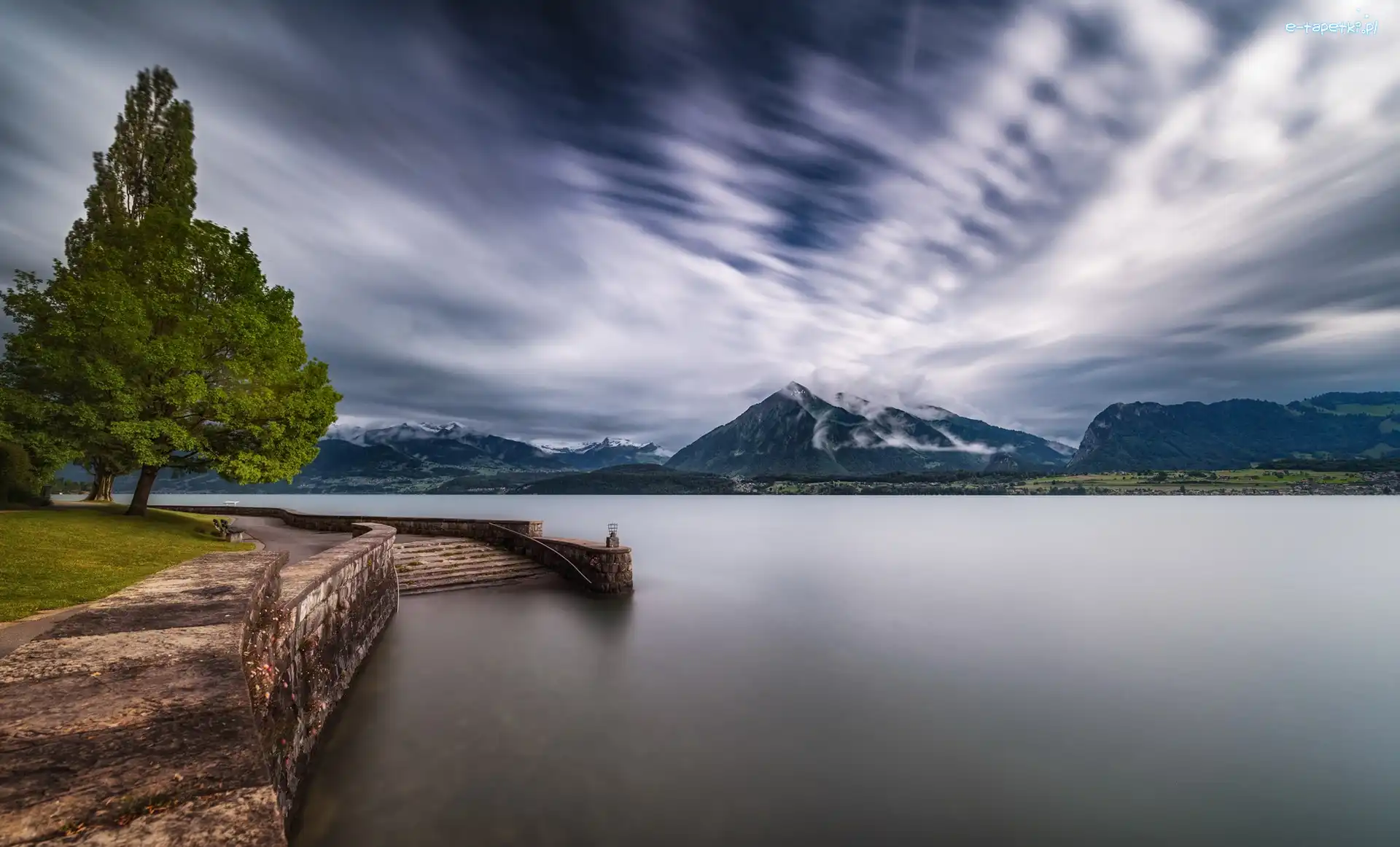 Chmury, Góry, Szwajcaria, Kanton Berno, Drzewa, Zejście, Schody, Jezioro Thunersee
