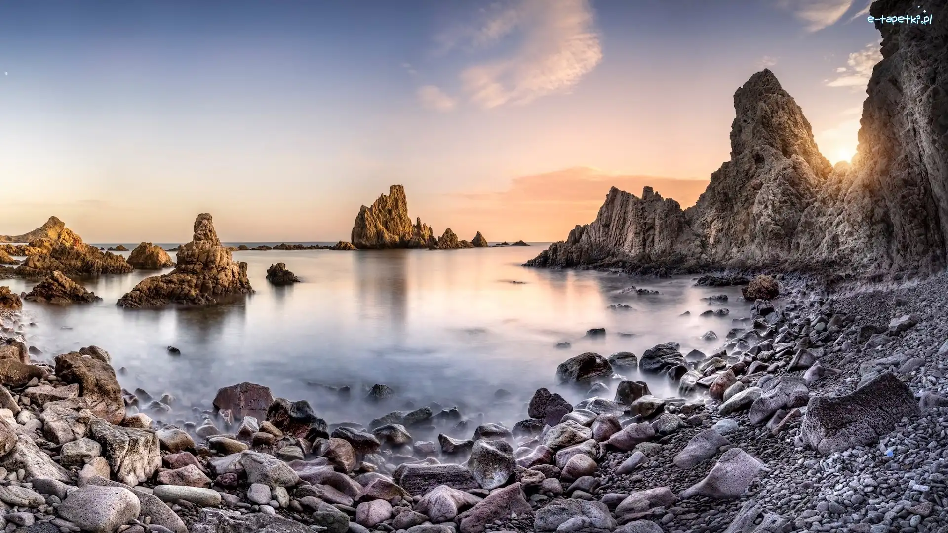 Arrecife de las Sirenas, Morze, Park Narodowy Cabo de Gata, Skały, Hiszpania, Kamienie, Wyspa, Andaluzja, Wschód słońca, Wybrzeże, Prowincja Almeria