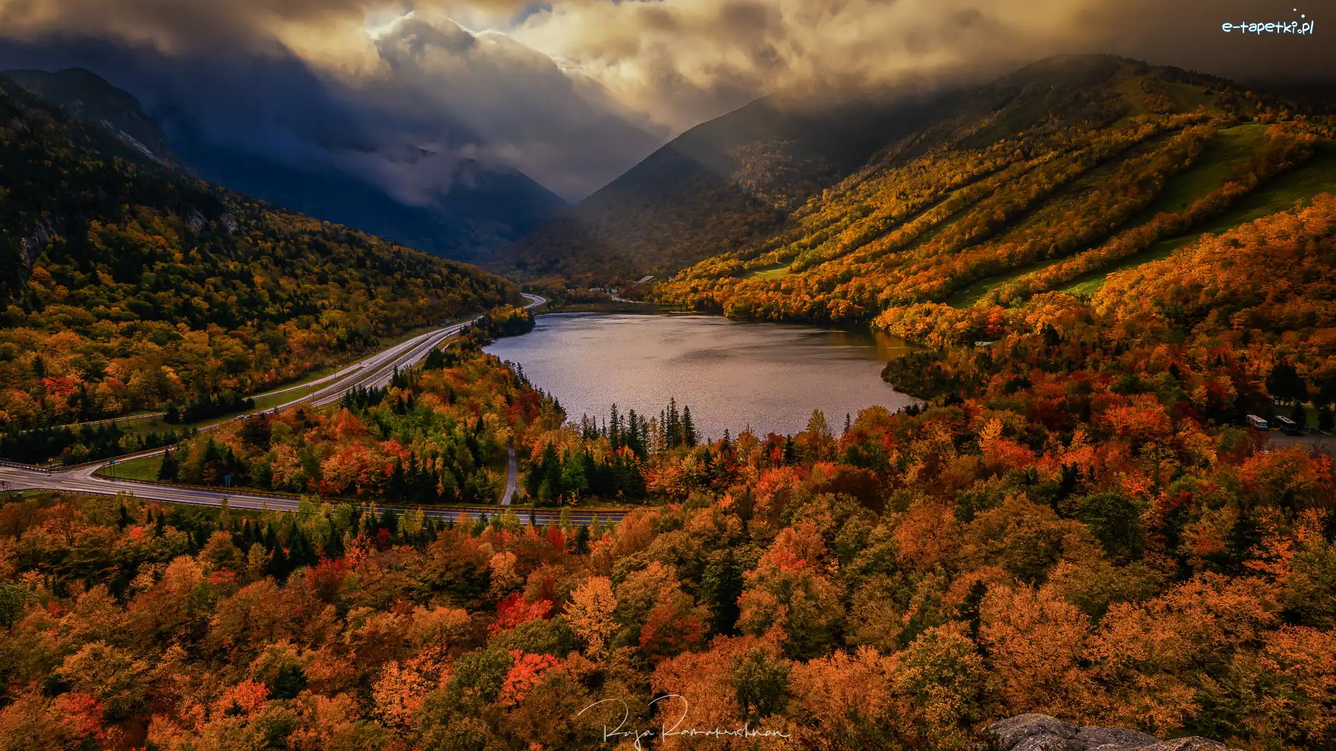 Droga, Jezioro, Stany Zjednoczone, Drzewa, Góry Białe, White Mountains, Lasy, Jesień, Echo Lake, Stan New Hampshire