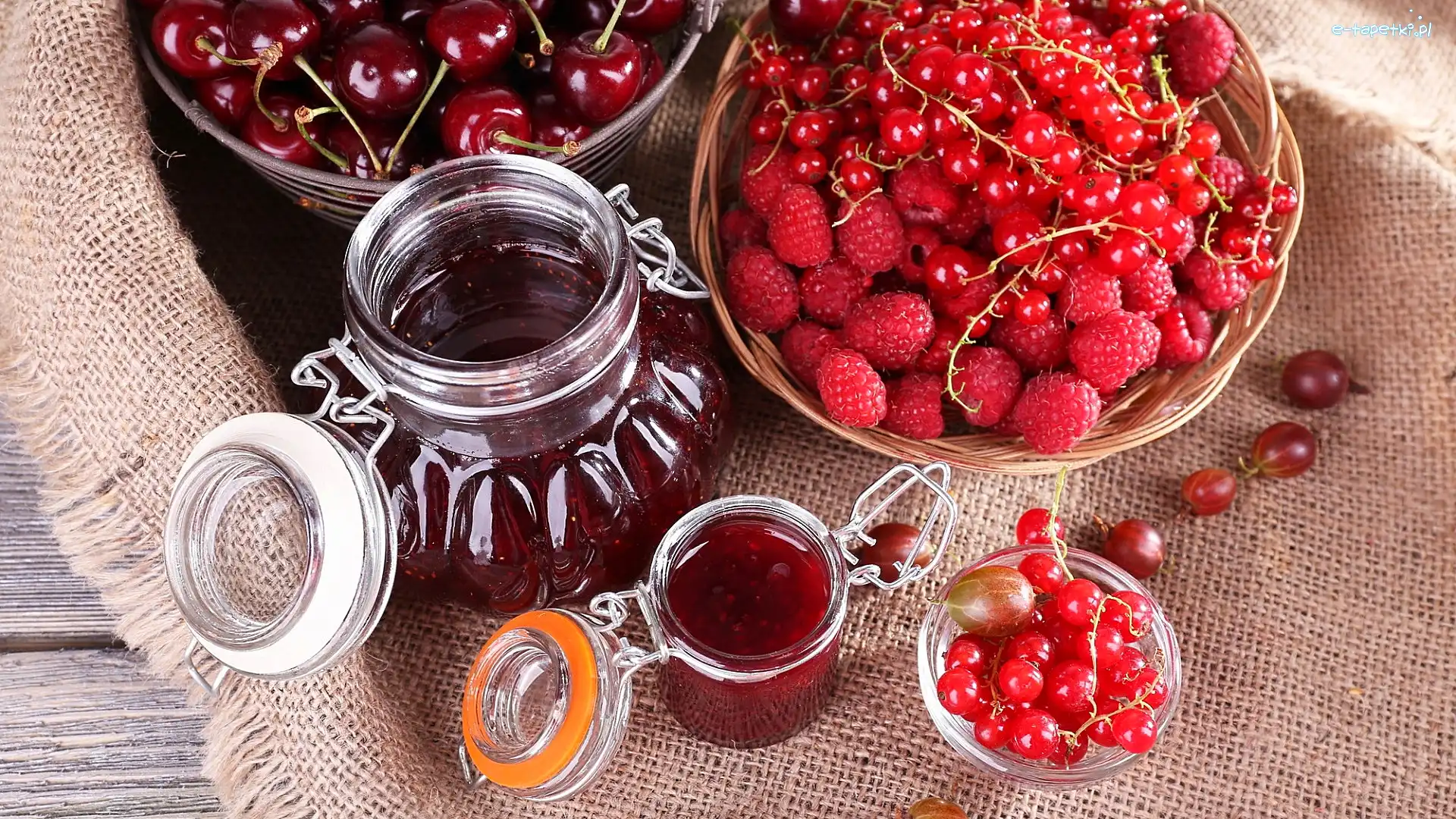 Maliny, Owoce, Wiśnie, Porzeczki, Słoiki, Dżem