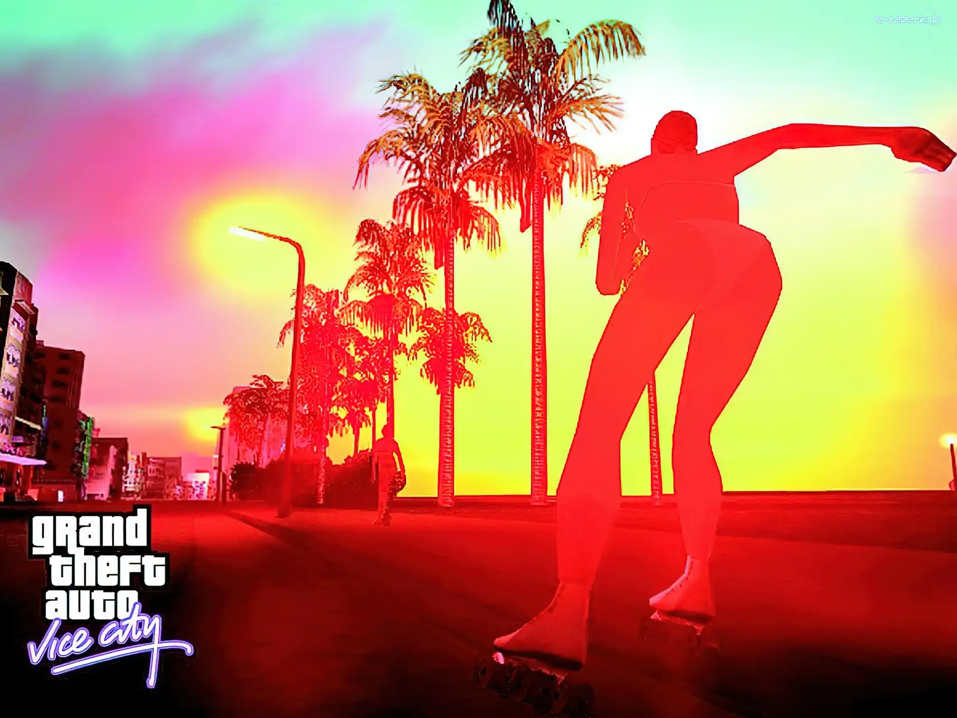 GTA Vice City, palmy, miasto, postać, rolki
