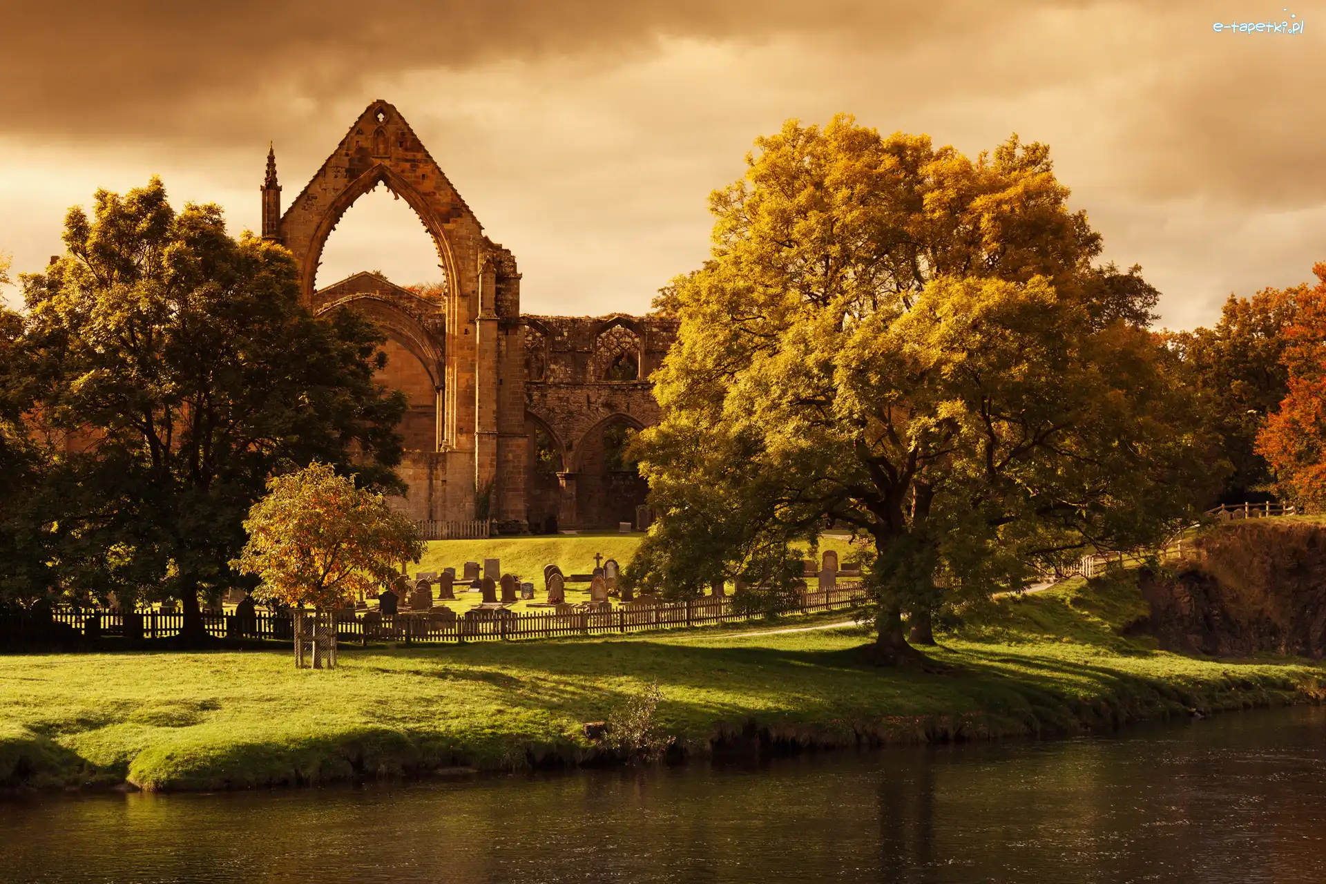 Cmentarz, Ogrodzenie, Rzeka, Opactwo Bolton Priory, Ruiny, Anglia, Hrabstwo North Yorkshire, Drzewa, Bolton Abbey