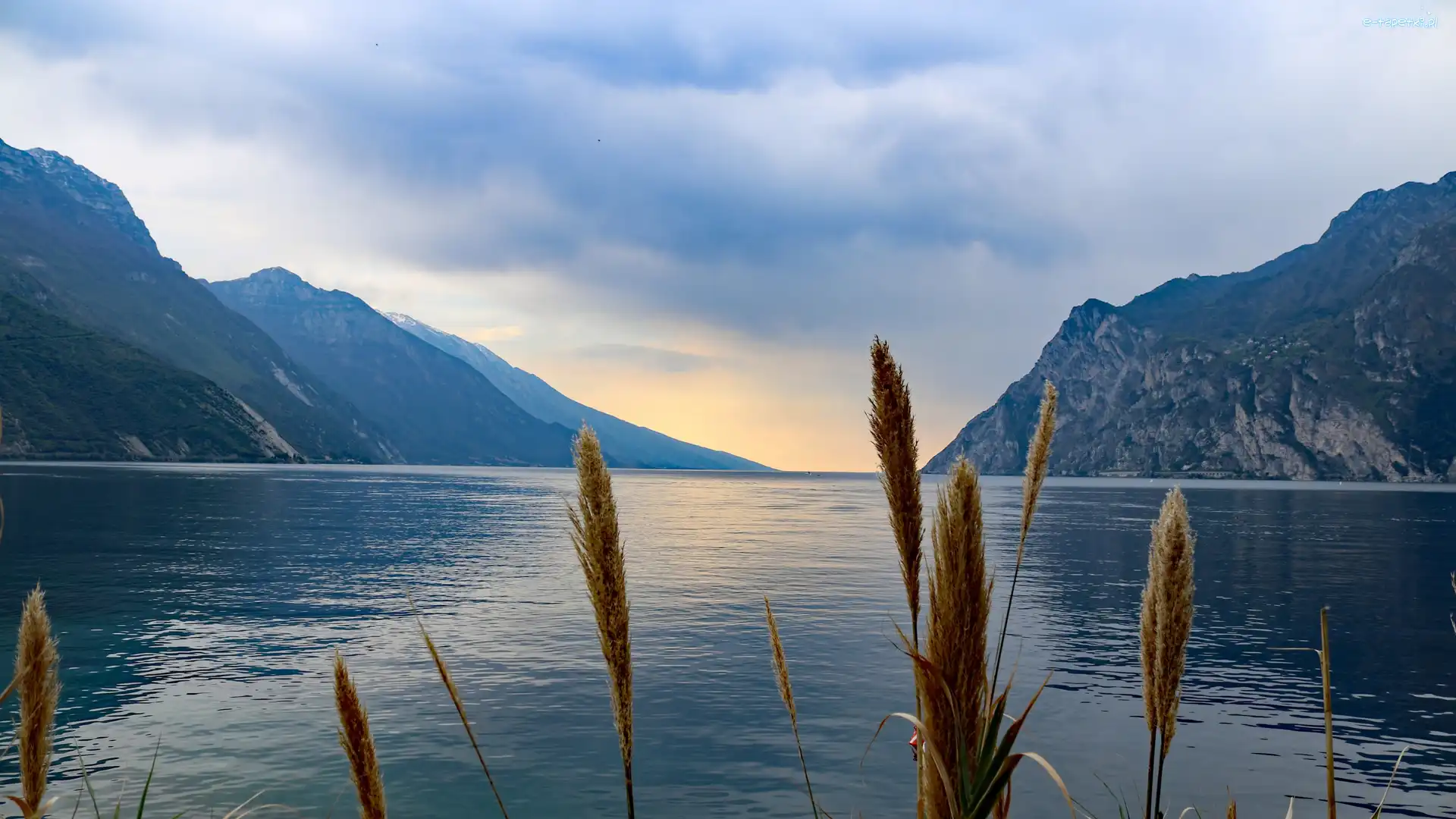 Jezioro, Góry, Lake Garda, Włochy, Trawa