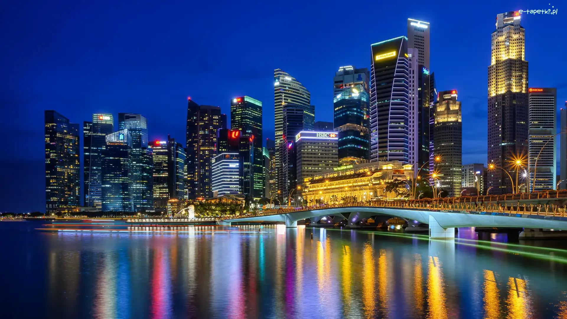 Central Business District, Oświetlone, Singapur, Most, Domy, Promenada Esplanade, Noc, Wieżowce