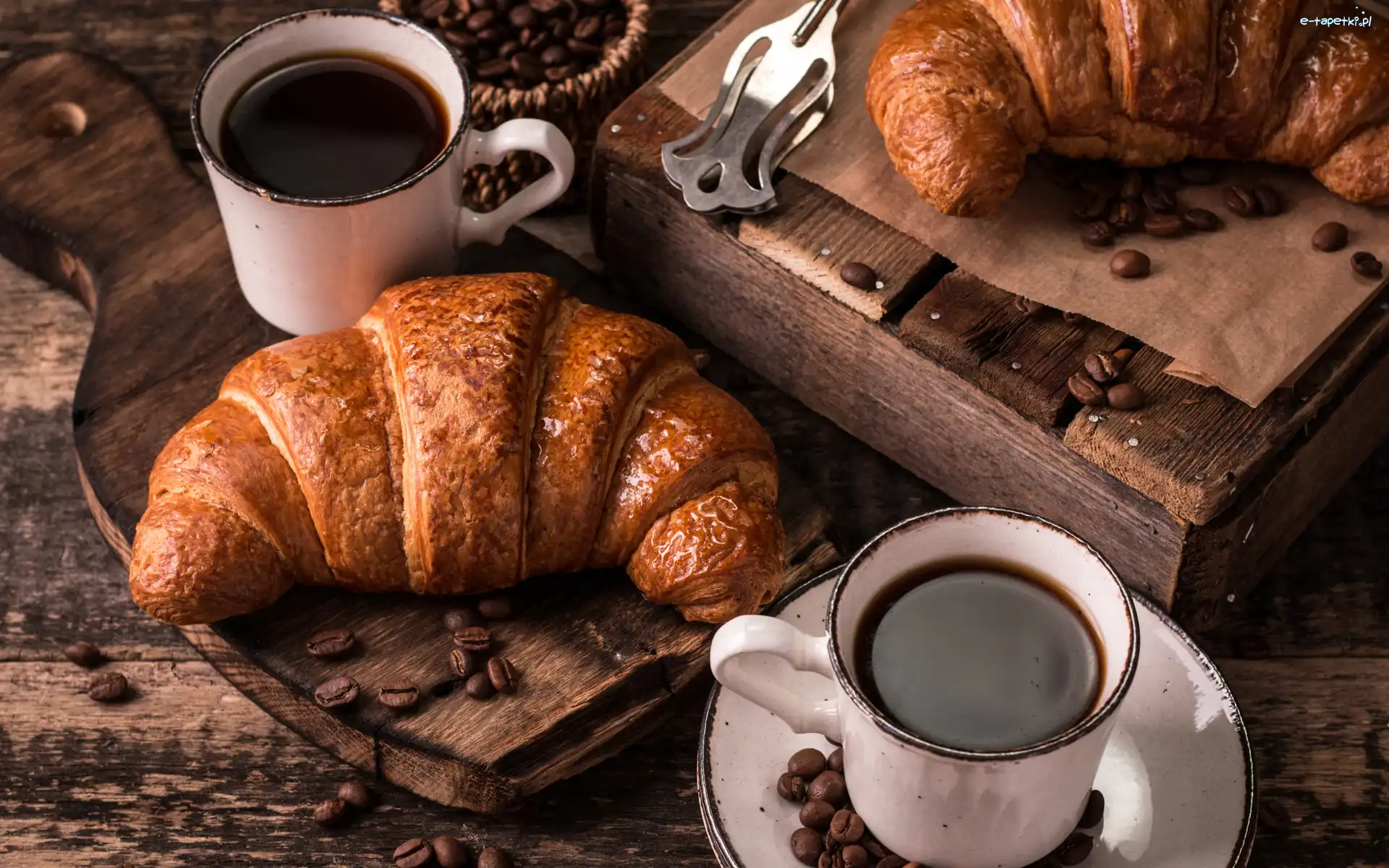 Deska, Kawa, Ziarna, Kubki, Dwa, Croissanty, Rogale