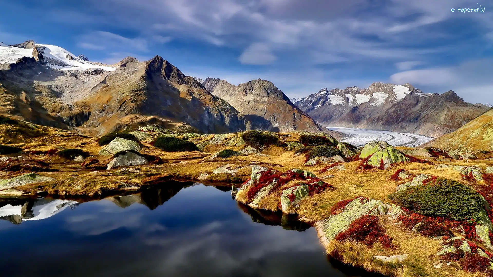 Szwajcaria, Góry, Alpy Berneńskie, Aletschgletscher, Lodowiec, Kanton Valais, Kałuża