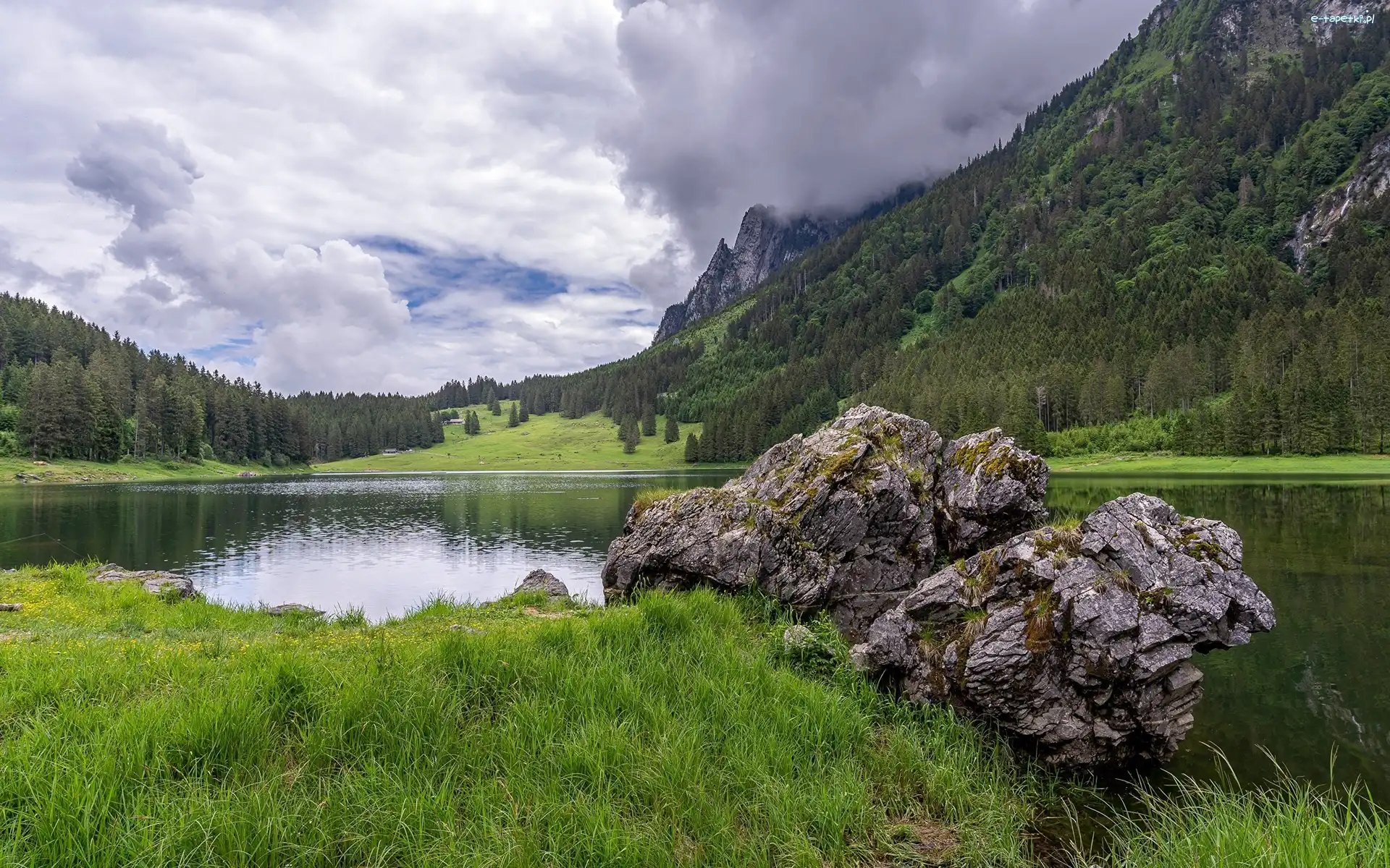 Chmury, Jezioro Voralpsee, Kamienie, Kanton St Gallen, Szwajcaria, Lasy, Góry