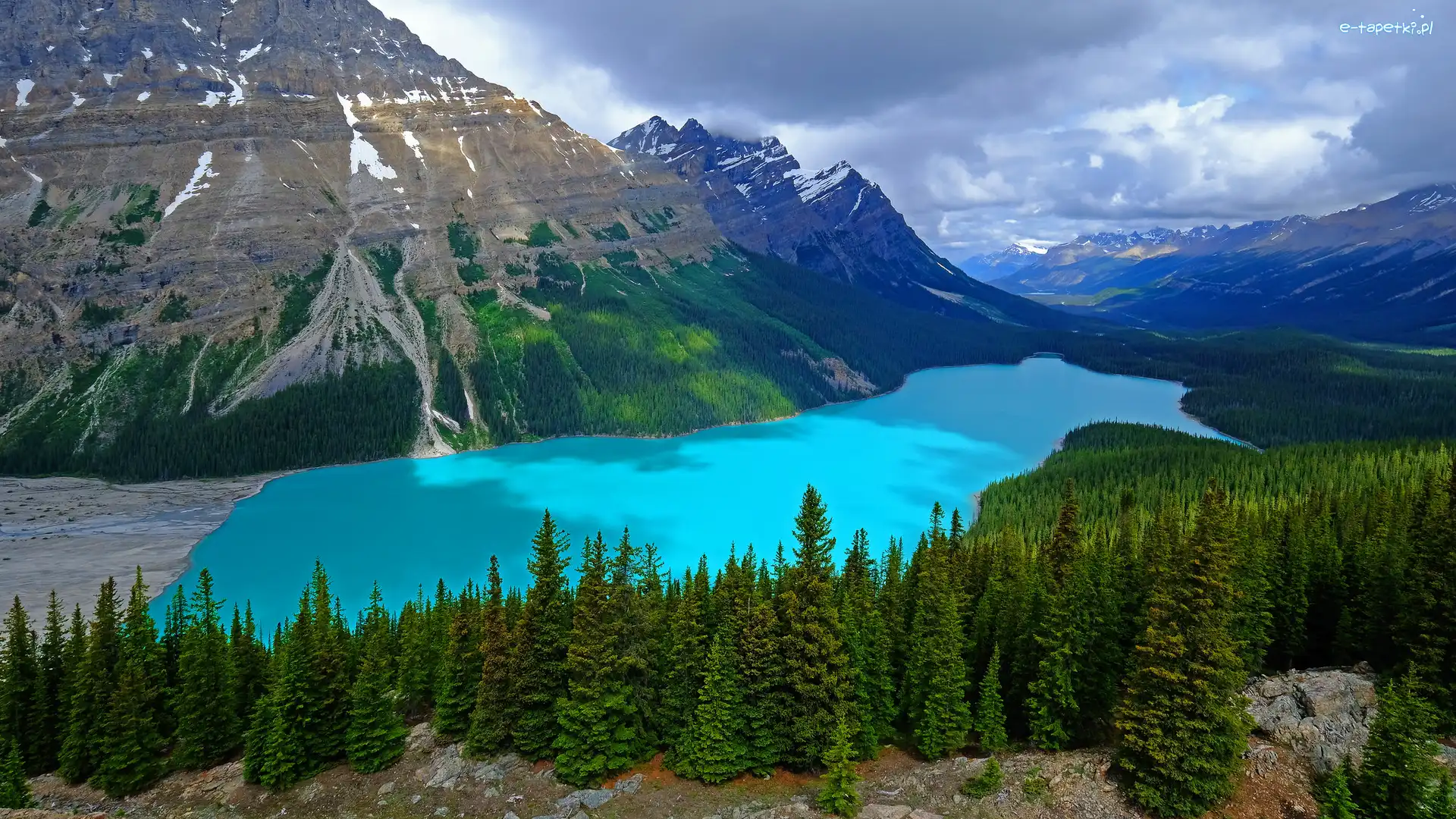 Chmury, Jezioro, Kanada, Góry, Drzewa, Lasy, Skały, Park Narodowy Banff, Peyto Lake, Prowincja Alberta