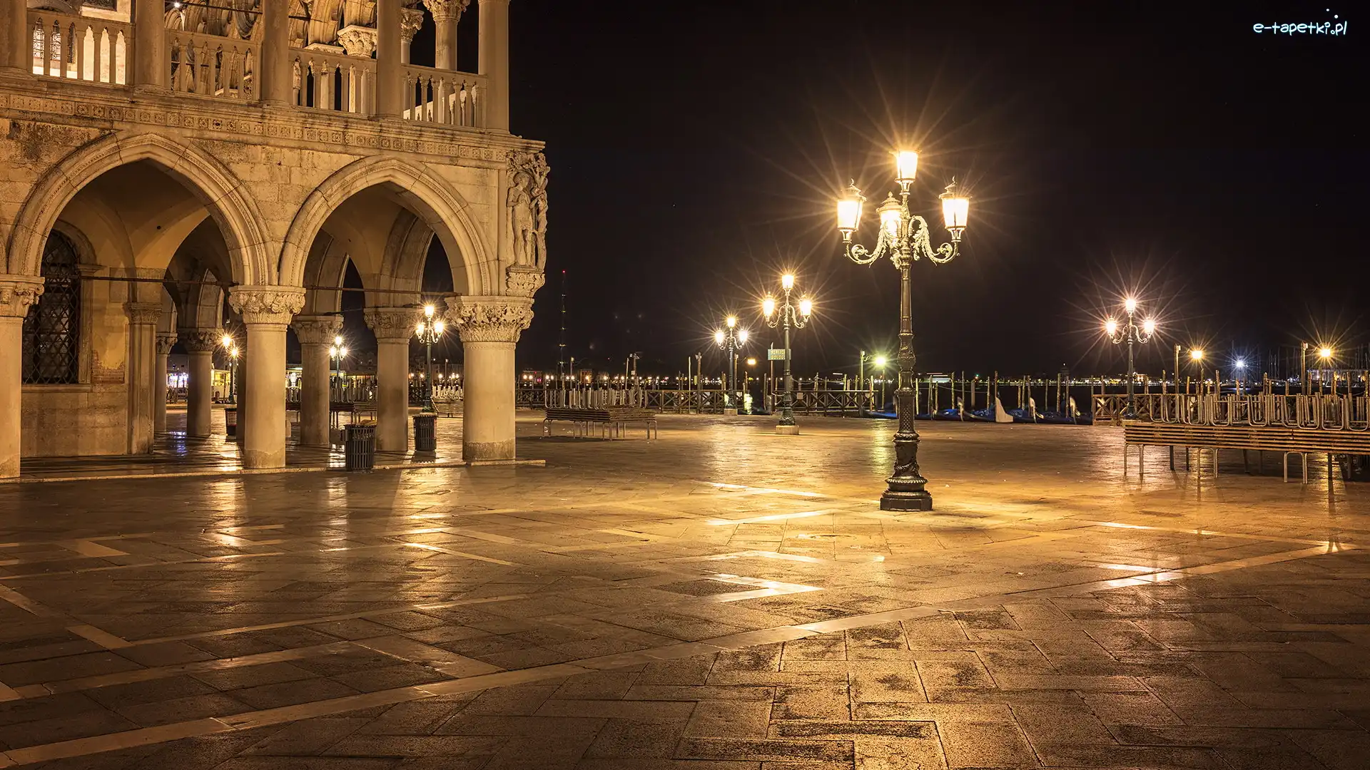 Wenecja, Latarnie, Noc, Włochy, Pałac Dożów, Piazzetta San Marco