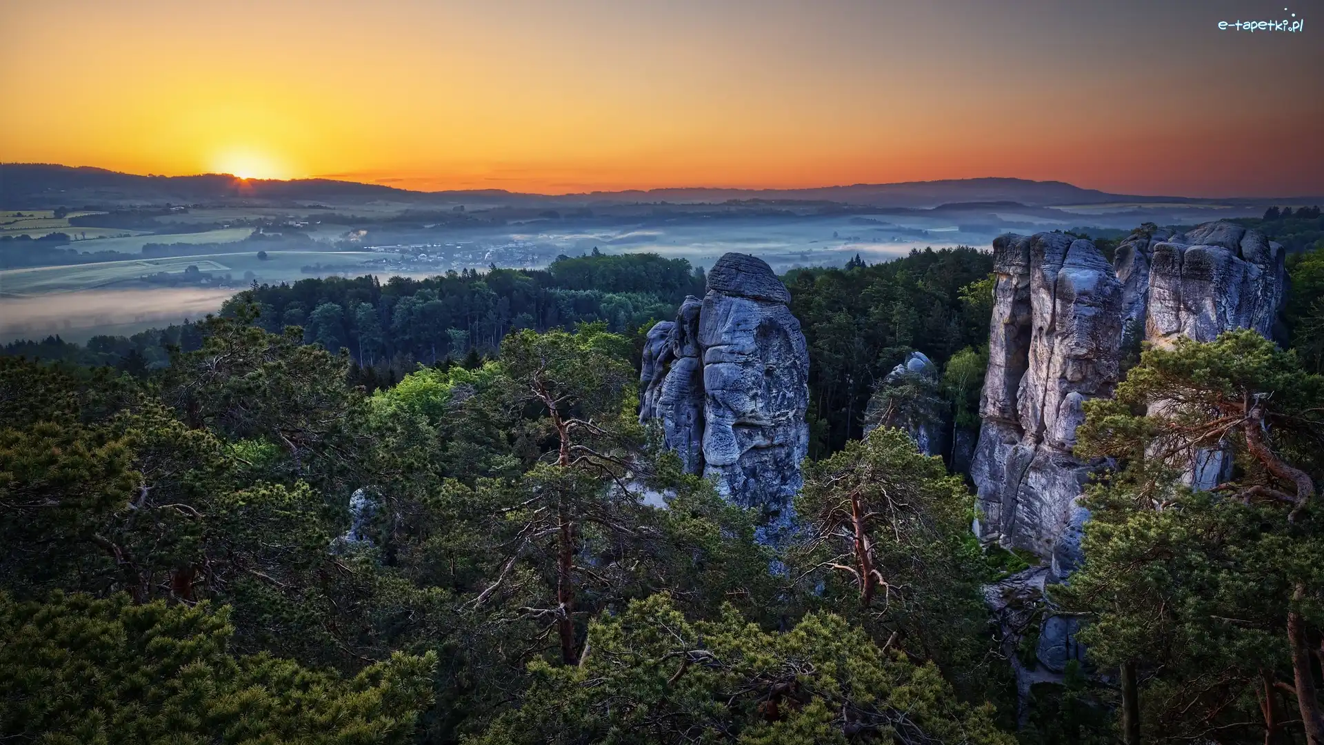 Skalne Miasto, Drzewa, Hruboskalsko, Formacje skalne, Wschód słońca, Czechy, Góry Stołowe, Skały, Czeski Raj