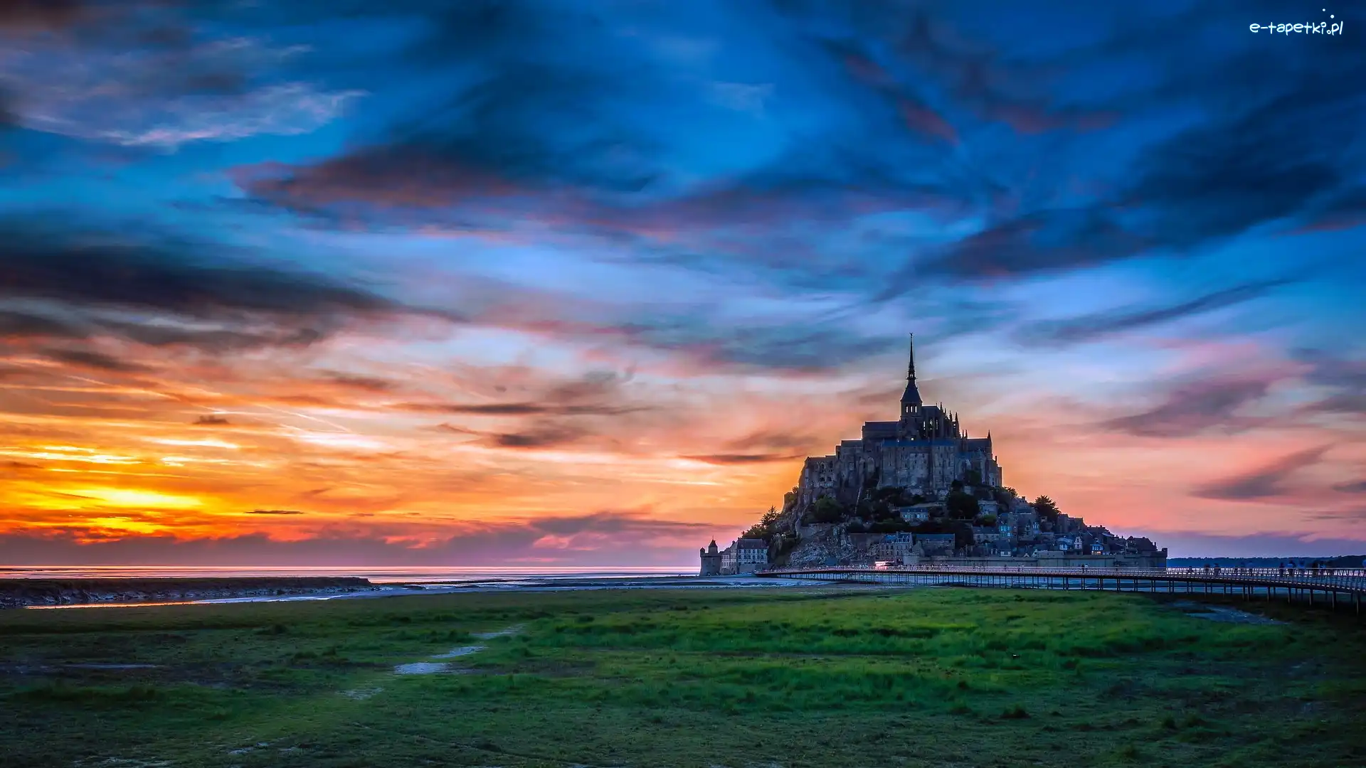 Normandia, Opactwo św Archanioła, Mont Saint Michel, Francja, Klasztor, Zachód słońca