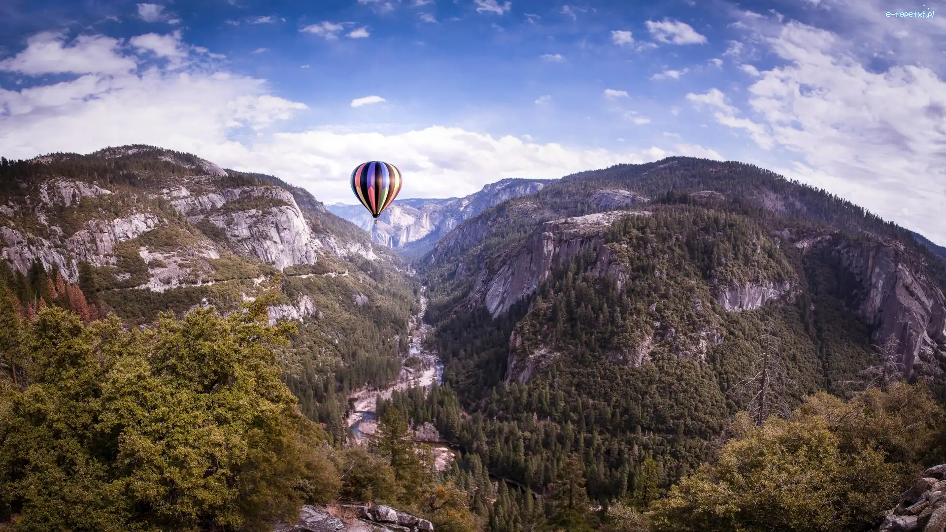 Dolina Yosemite Valley, Kalifornia, Balon, Merced River, Park Narodowy Yosemite, Góry, Rzeka, Stany Zjednoczone