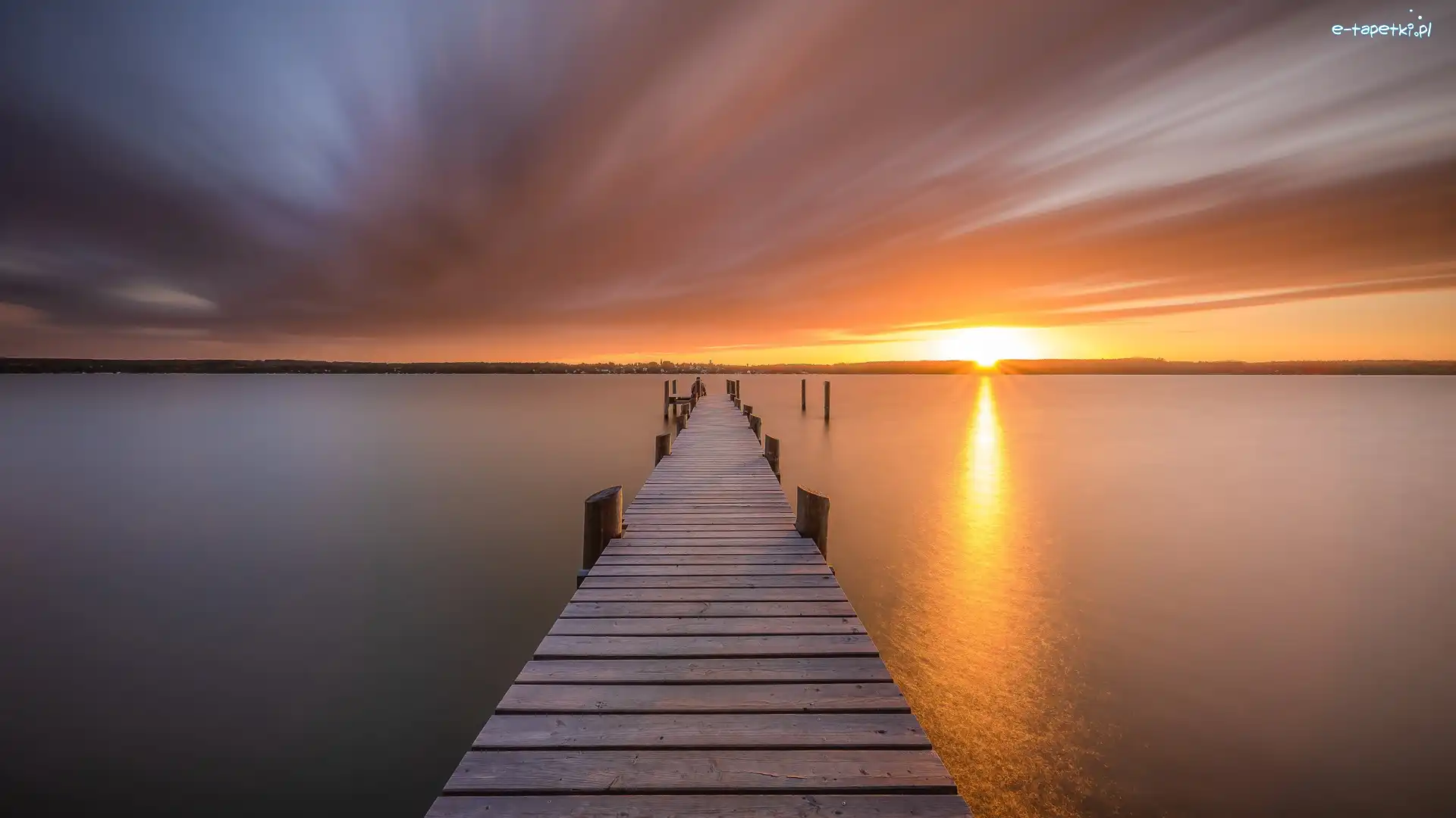 Jezioro Ammersee, Zachód słońca, Pomost, Niemcy, Bawaria
