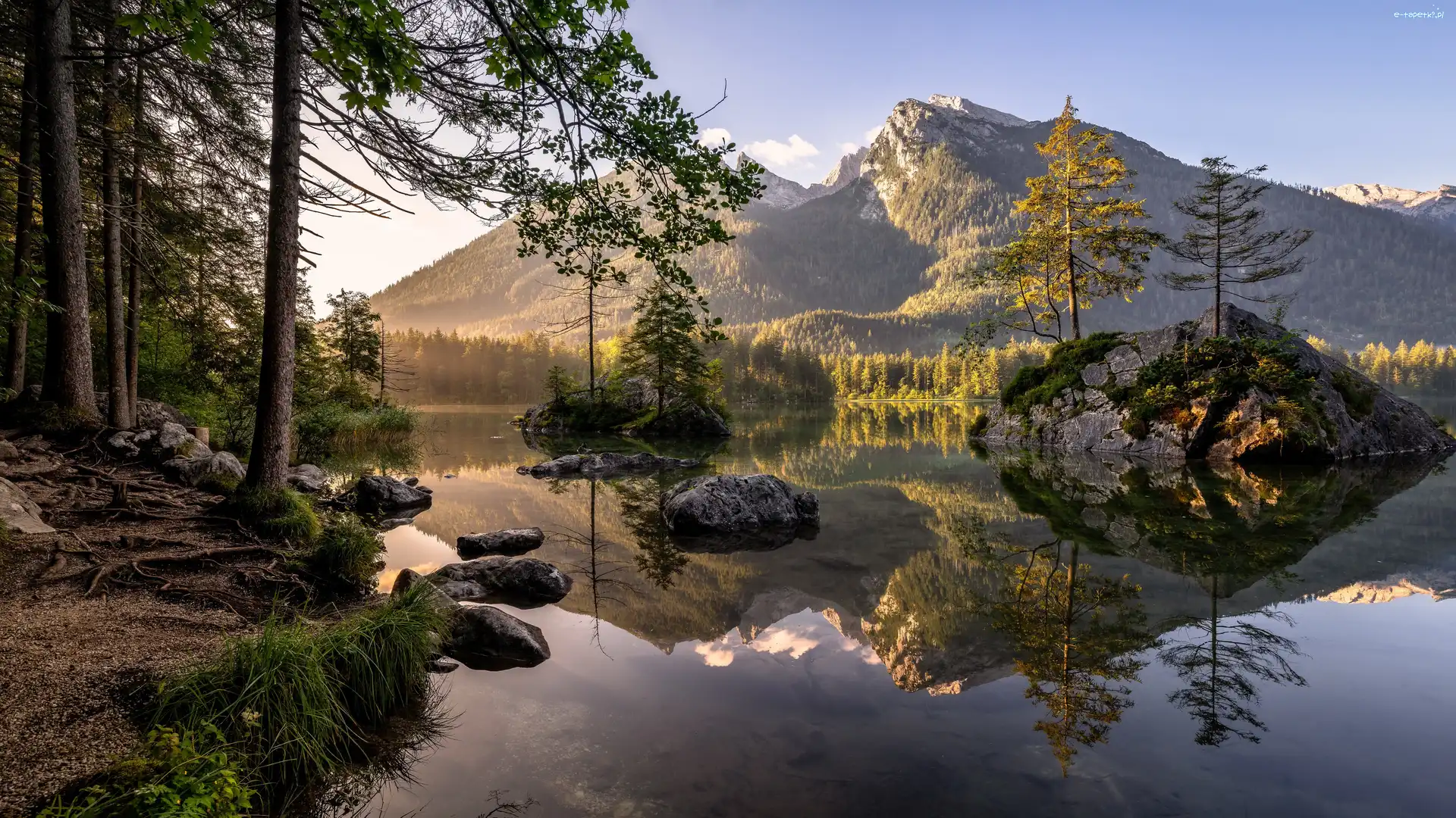 Kamienie, Skały, Alpy, Góry, Jezioro Hintersee, Niemcy, Bawaria, Drzewa, Berchtesgadener