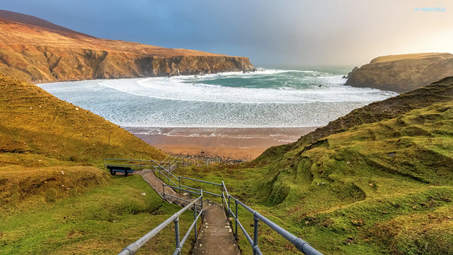 Malin Beg, Barierki, Irlandia, Silver Strand Horseshoe Beach, Zatoka, Klify, Plaża, Zejście, Morze, Hrabstwo Donegal