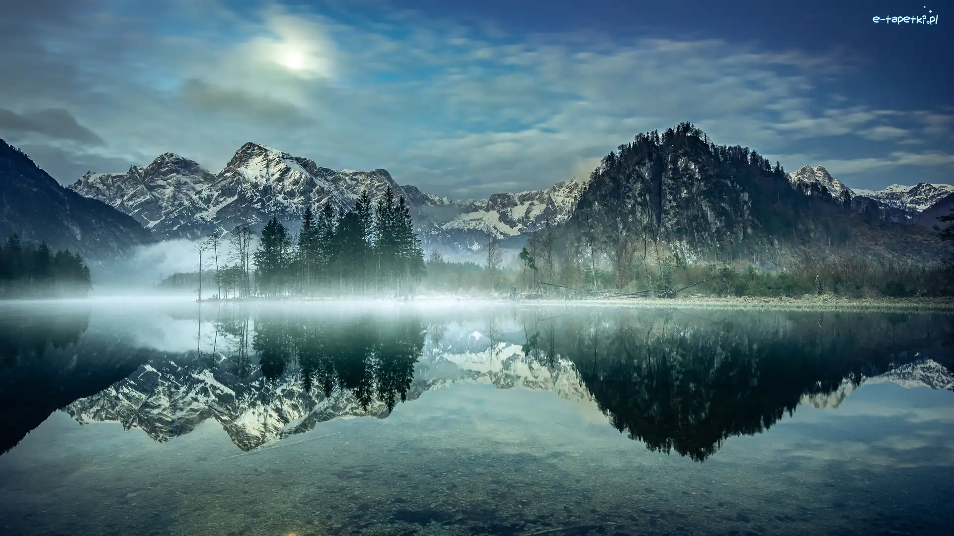 Dolina Almtal, Góry, Austria, Mgła, Alpy, Jezioro Almsee, Drzewa, Wschód słońca