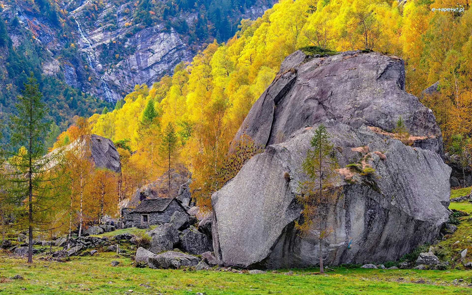 Dolina Calnegia, Alpy, Szwajcaria, Dom, Drzewa, Skała, Kamienny, Góry, Jesień, Kanton Ticino